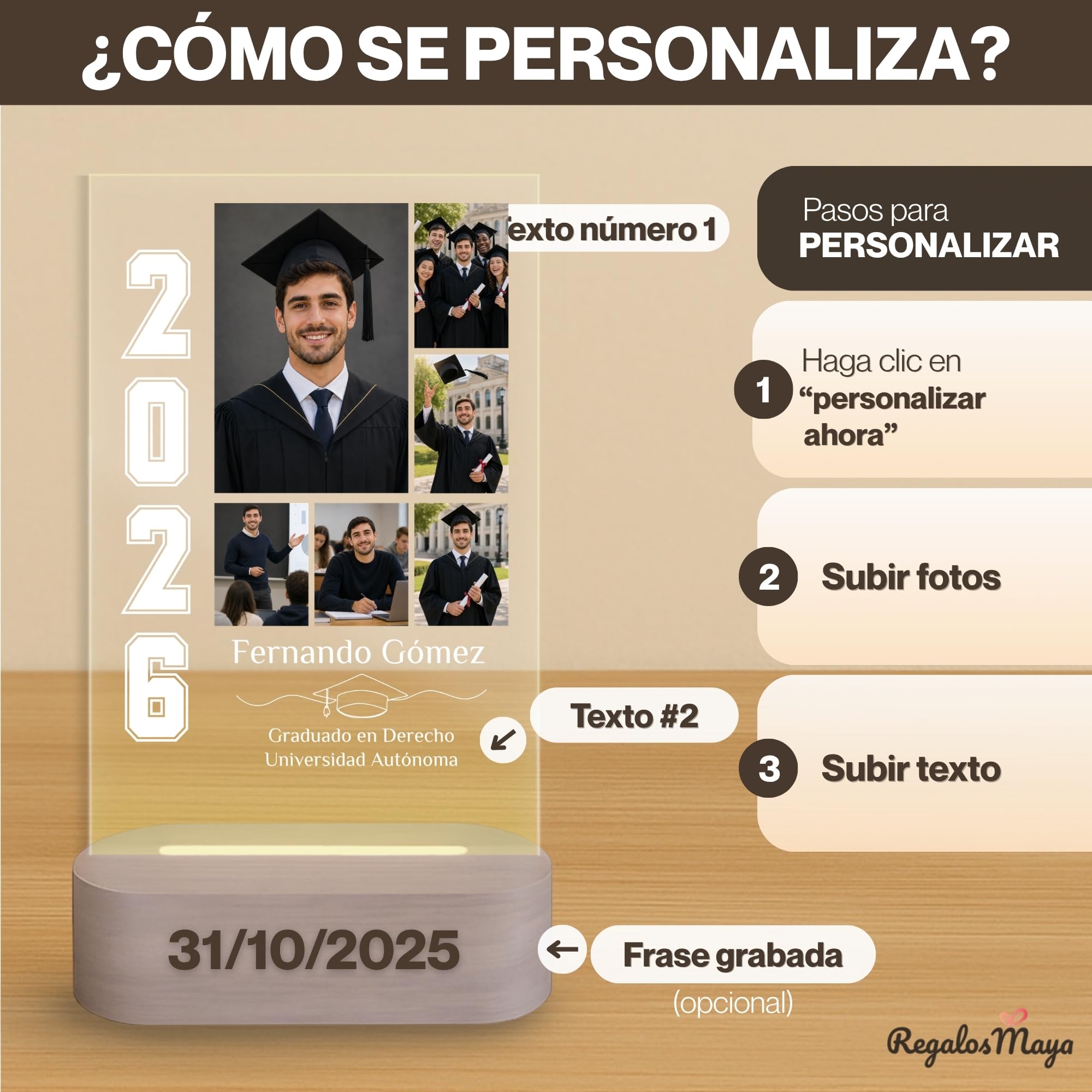Lámpara personalizada graduacion - Regalo graduación personalizado con placa, fotos, nombre y curso 2026 para infantil, primaria, ESO, bachillerato, universidad - Varios modelos disponibles