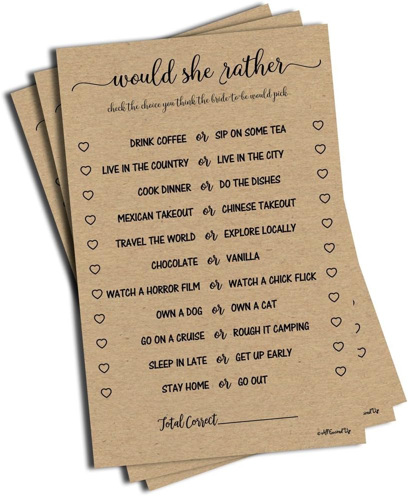 All Ewired Up Would She Rather Game - Kraft (50-sheets) Rustic Bridal Wedding Shower or Bachelorette Party Game, Printed Engagement Rehearsal (Large Size Sheets)