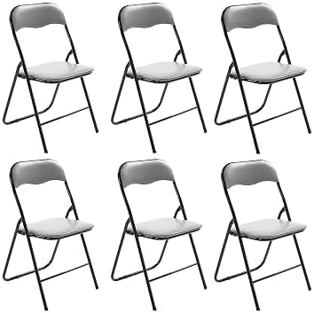 Silla Plegable, Silla Comedor, Silla Plegable de Metal y PVC, Asiento Acolchado con Estructura Metálica, Ideal para Despacho, Cocina, Salón, Terraza (Pack de 6 Unidades, Gris)