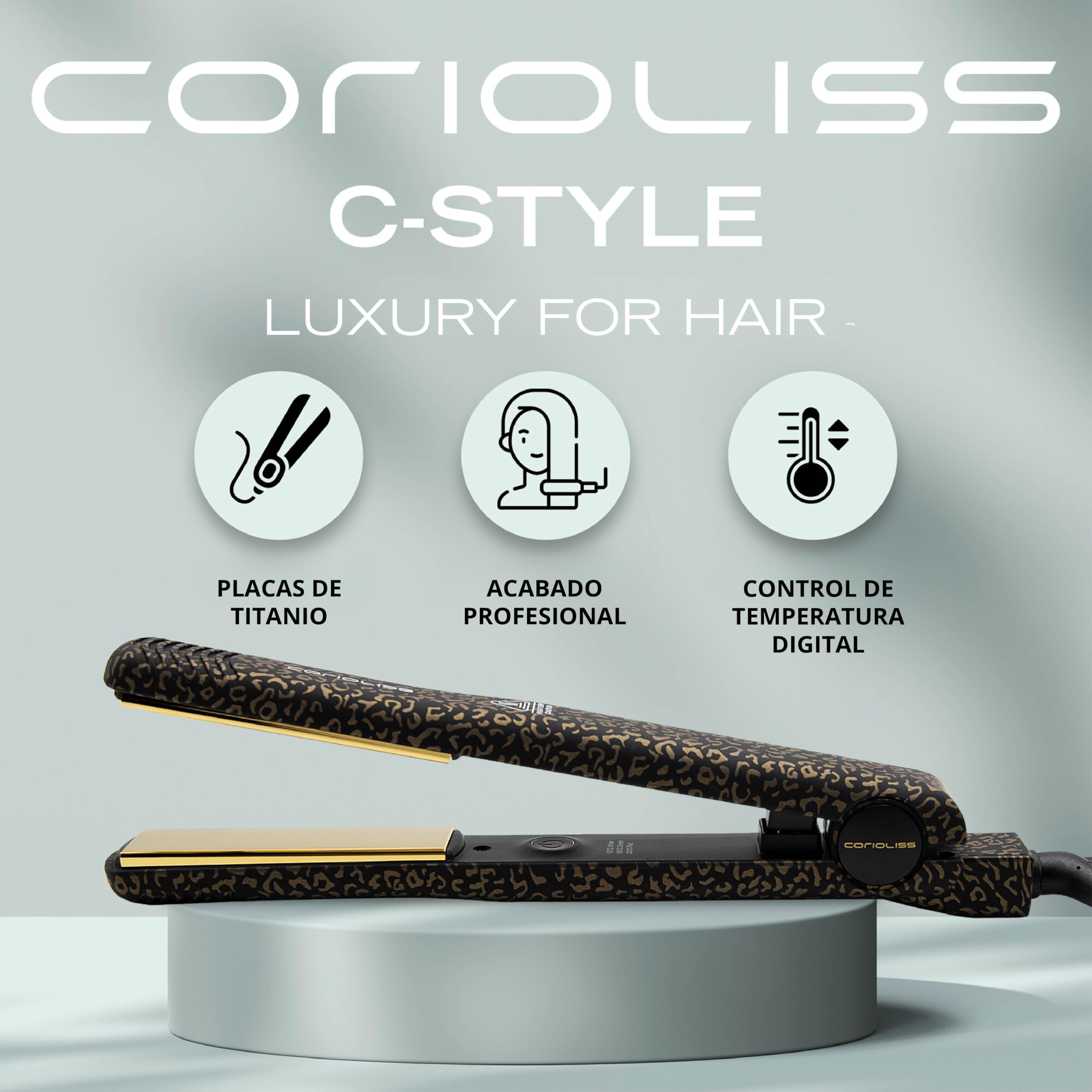 Corioliss C-Style | Plancha del Pelo | Placas de Titanio | Control de Temperatura 165º-220º | Iónica | Alisado Ondas | Incluye Cepillo Paddle | Calentamiento 30 Seg | Cable Giratorio | Leopard Gold