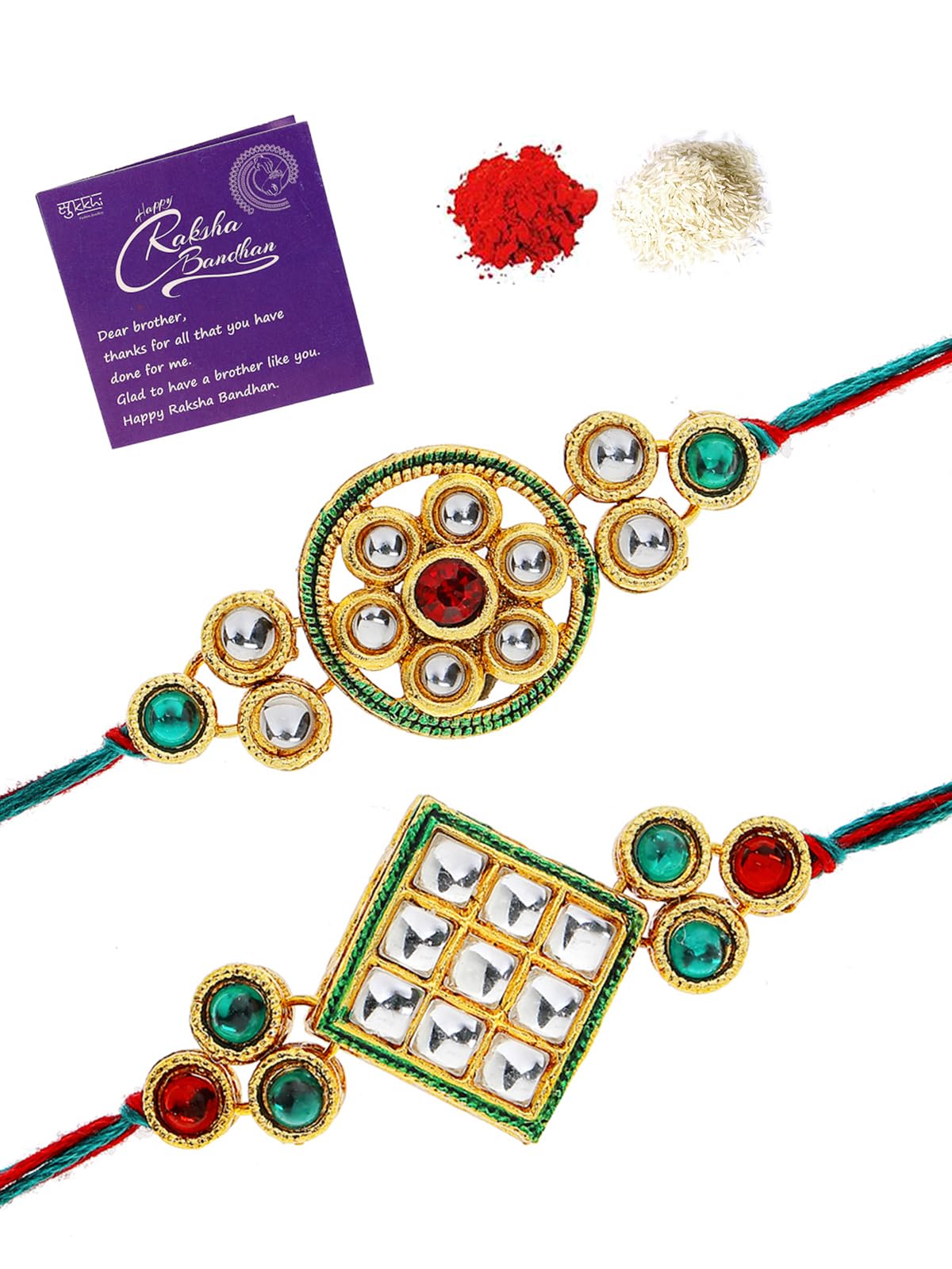 Iconic Designer Kundan Meenakari Red Green Gold Plated Premium Rakhi for Brother With Roli Chawal & Greeting Card|Rakhi for Brother/Bhaiya/Bhai/Men|Rakhi Combo-Set of 2|CBRAK106957-image-49
