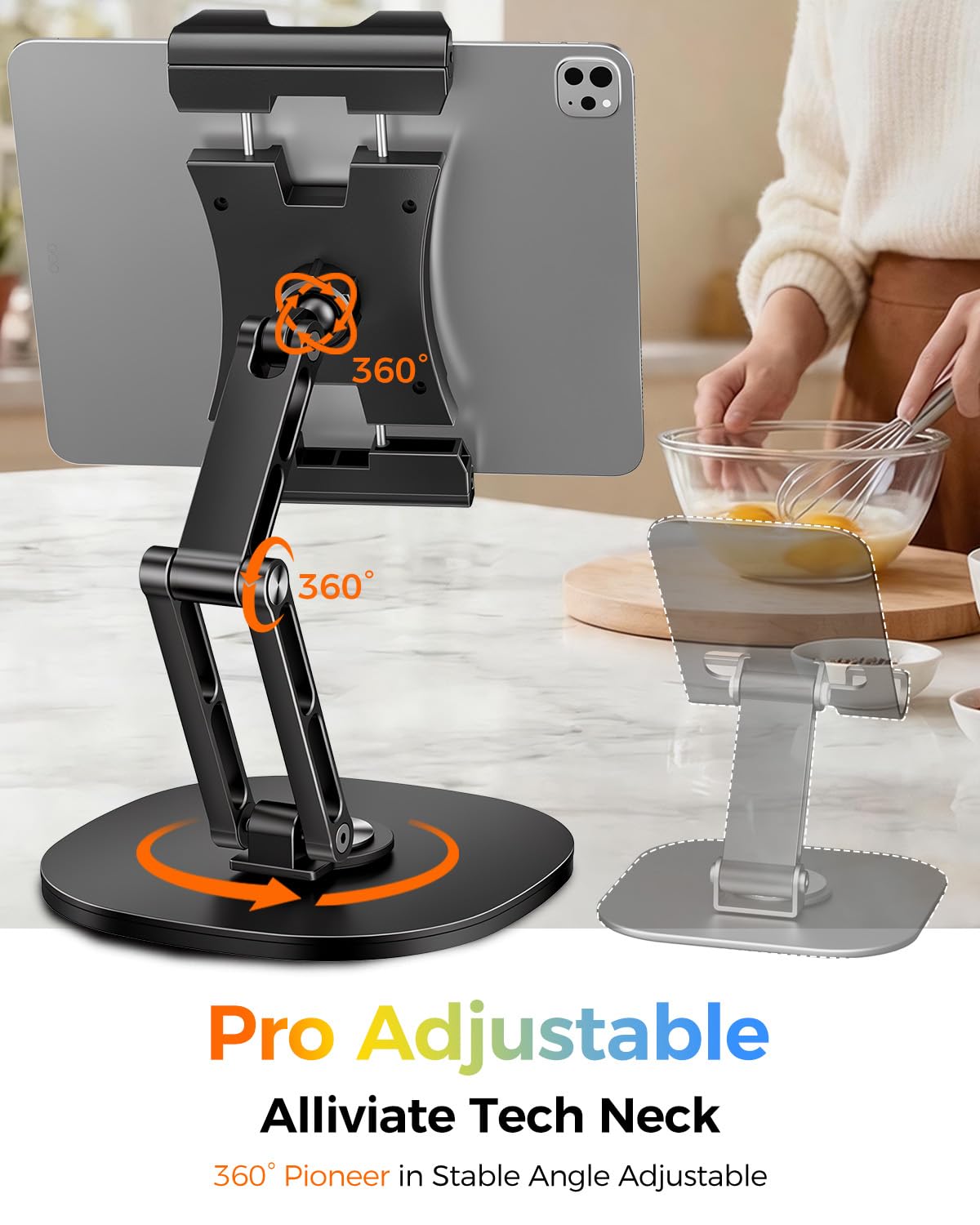 OHLPRO Supporto da scrivania regolabile per iPad, base girevole a 360°, supporto pieghevole per tablet, in alluminio resistente, per dispositivi da 4,7-15,6", iPad Pro/Air/Mini, Galaxy Tab, telefoni