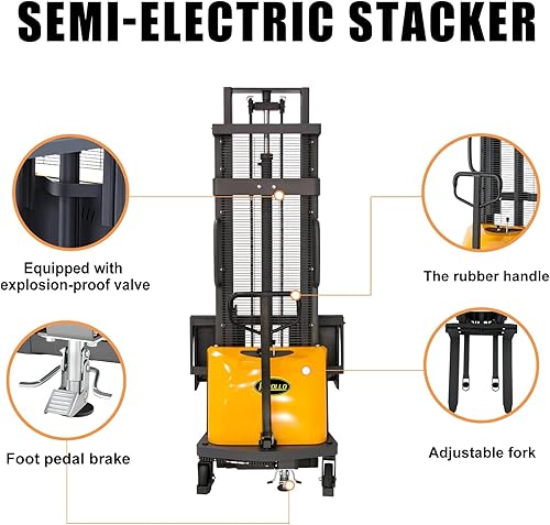 Vista 20 de APOLLO Apilador de paletas semieléctrico, capacidad de 3300 libras, elevación de material de altura de elevación de 118", carretilla elevadora con 1