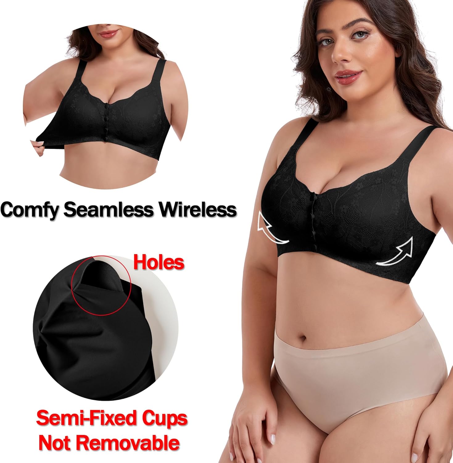 IWOLLENCE Womens Front Snap Closure Daisy Bras Soft Seamless Wireless Lace Bralettes Comfort Full Coverage Bra - Image 3