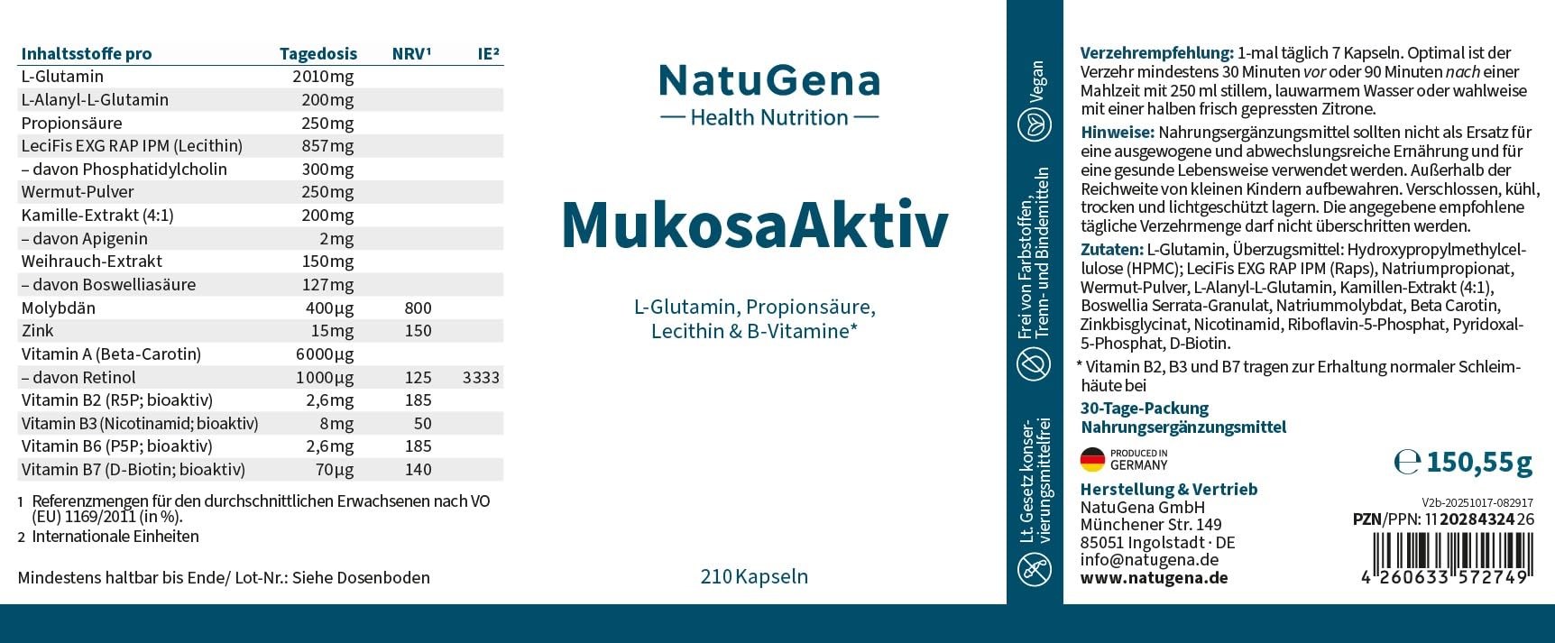 NatuGena Mukosa Aktiv L-Glutamin (2000 mg), Lecithin (1.500 mg), L-Alanyl-L-Glutamin (200 mg), Propionsäure (250 mg), hohe Bioverfügbarkeit, 210 Kapseln (30 Tage Packung)