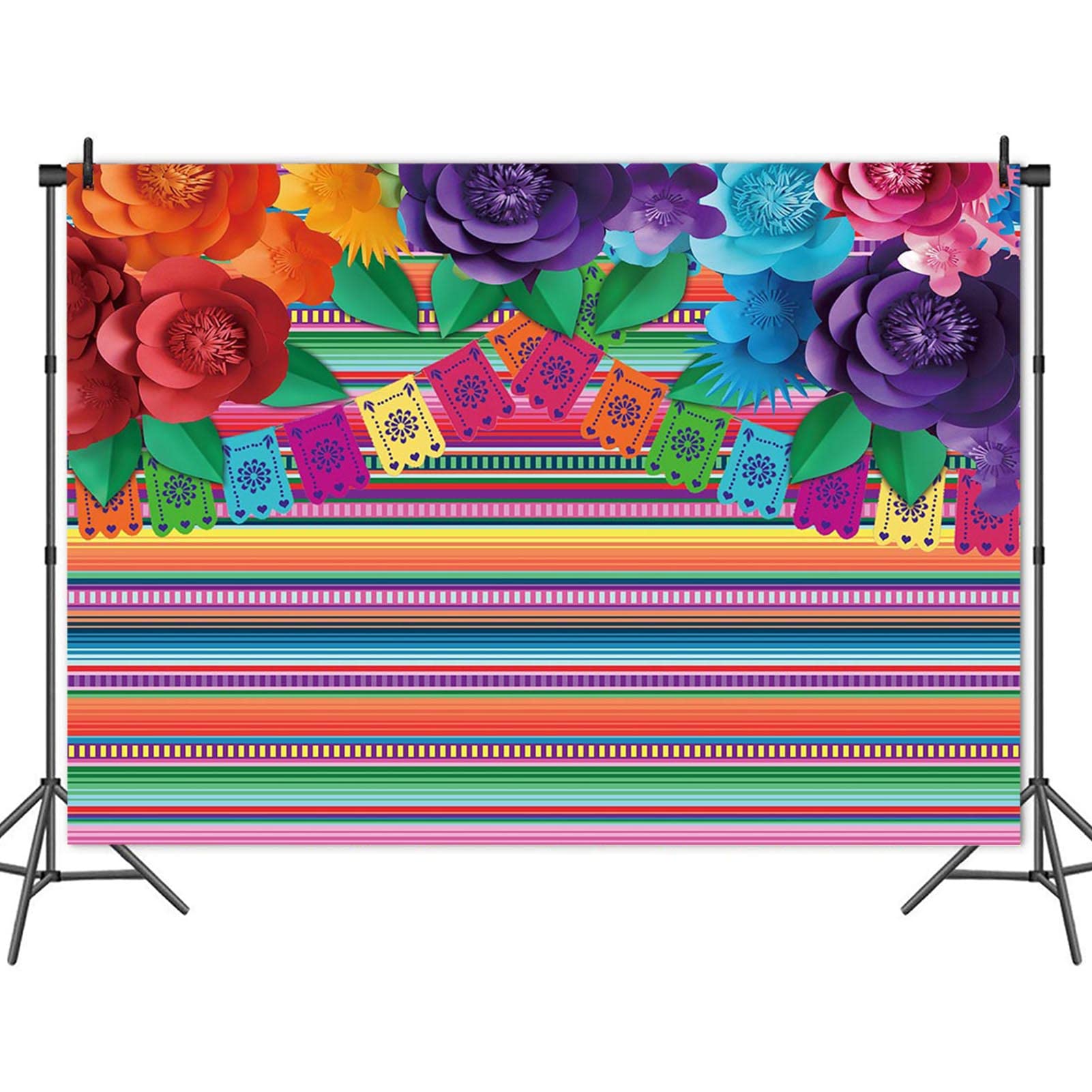 Fotohintergrund Mexikanische Fiesta – 210x150 Cm, Polyester, Mit Farbstreifen & Blumen, Waschbar