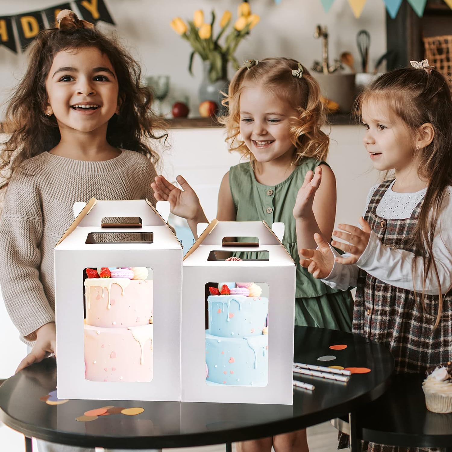 KBG Tall Cake Boxes 6pcs 14x14x16 and 16x16x18 Inches White With Window for Tier Cakes, Wedding, Birthday Transport - Large With Handle, Disposable Containers