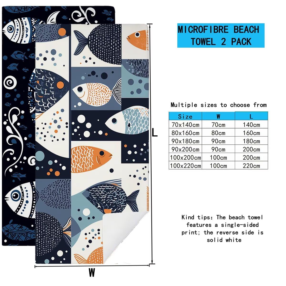 Telo Mare Microfibra, Telo Mare Grande 100x220cm 2 Pezzi, Asciugamano Palestra Donna Asciugatura Rapida, Antisabbia Asciugamano Microfibra, Leggero Asciugamani Palestra per Regalo (Pescare) -4270