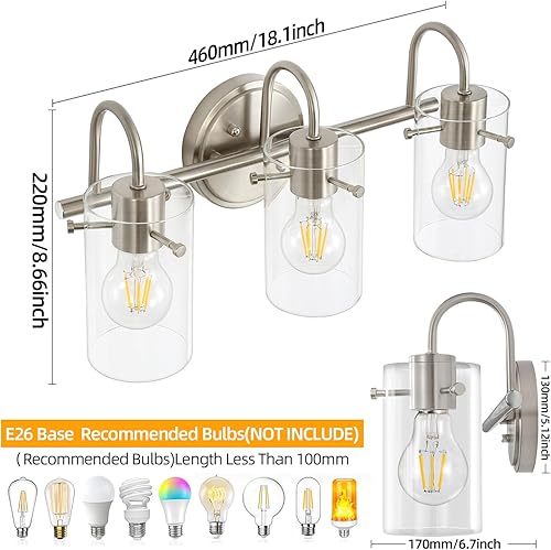 Miniatura 5 de Lámpara de tocador de 3 luces, apliques de pared de baño de níquel cepillado, lámpara de pared moderna con pantalla de vidrio transparente, lámpara