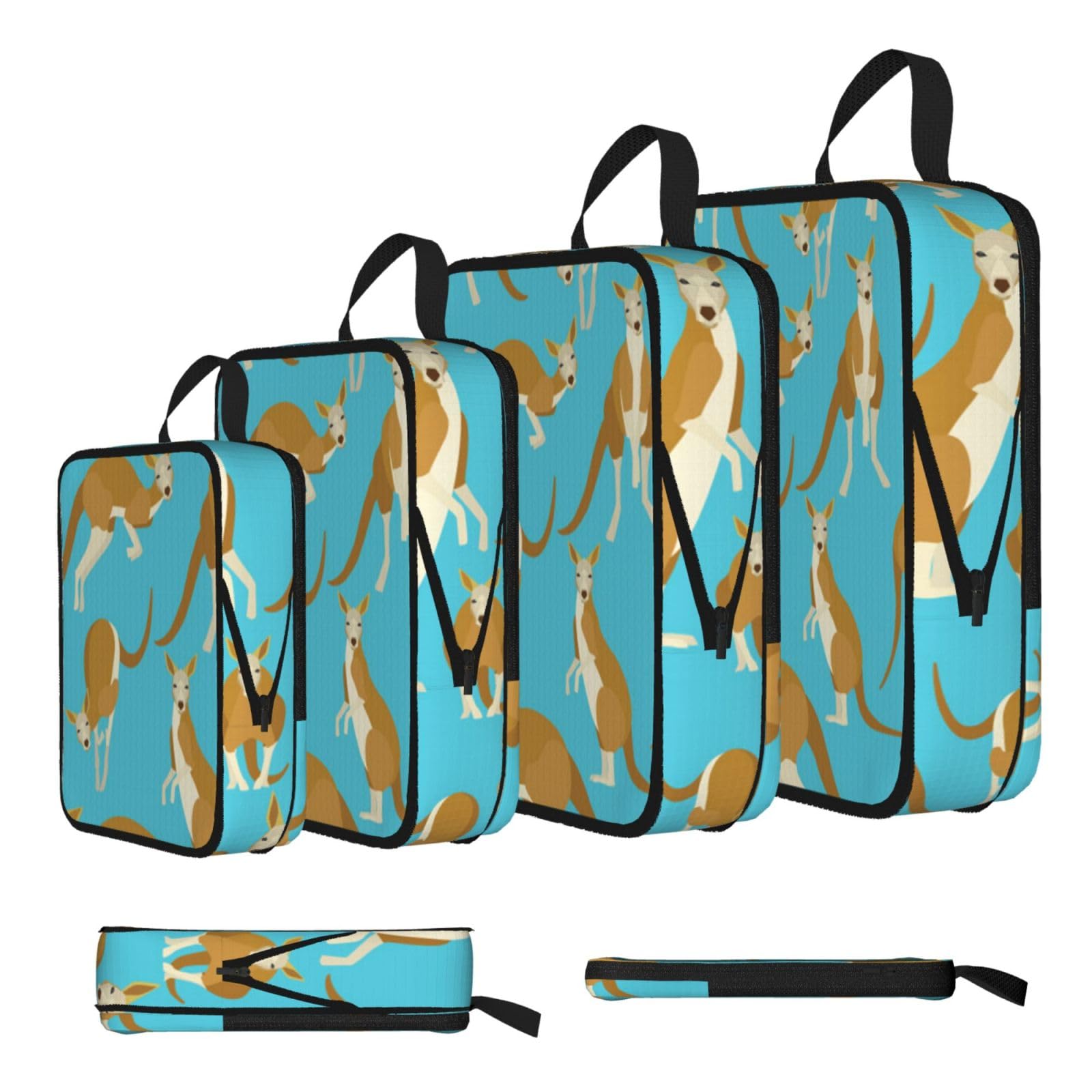 Funny Cartoon Kangaroo Zoo Print Compression Packing Cubes 4-Piece Set With Multi- Compartment Travel Bag, Waterproof Suitcase Organiser Bags