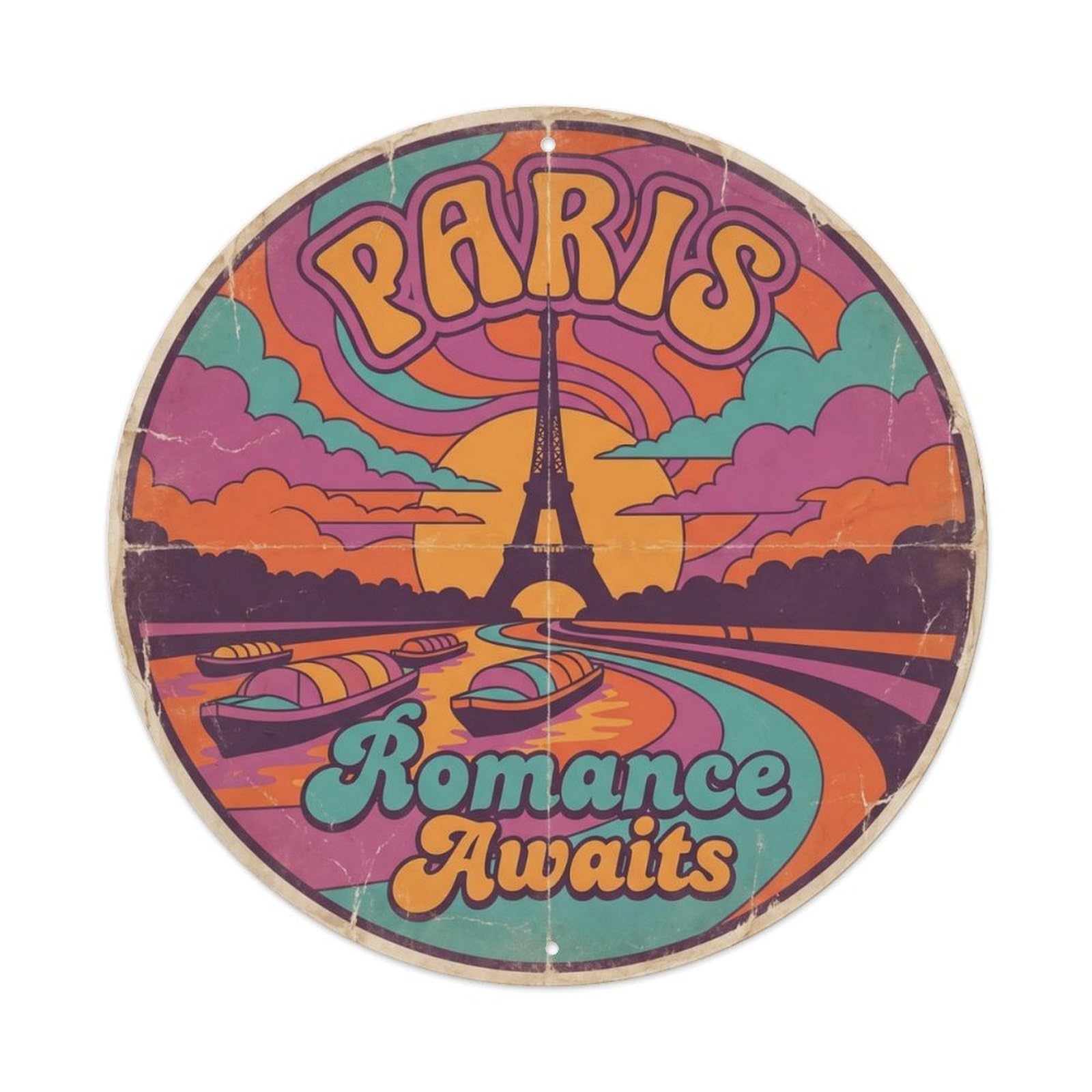 Vintage Travel Eiffel Paris Romance Metal Tin Sign Plaque Wall Decor for Cafe, Club, Garden Round Metal Poster 8x8Inch
