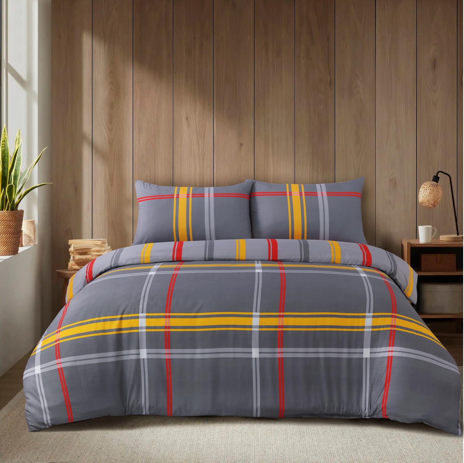 CHARKHAH 4 Piece Reversible Duvet Cover Set, Soft Brushed Microfibre Bedding with Fitted Sheet & 2 Pillowcases, Breathable Anti-Allergy Easy Care – Single, Double, King & Super King