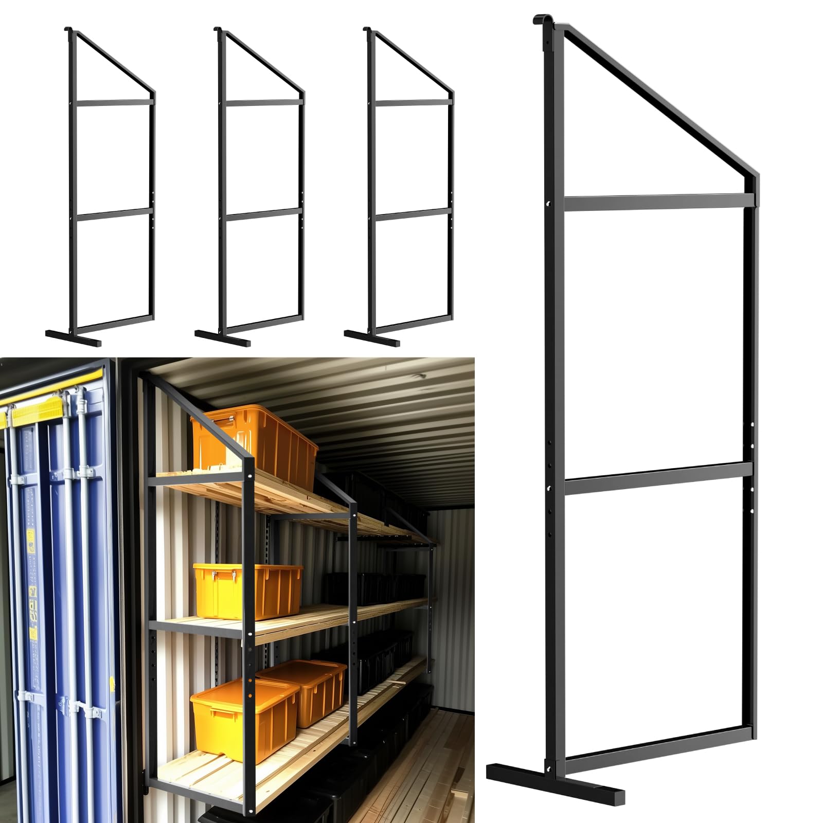 4 pack shipping container shelving brackets,heavy duty adjustable 3-tier hanging cargo shelves,52" x 19" shipping container shelf brackets black powder coated steel rack (52"x 19")