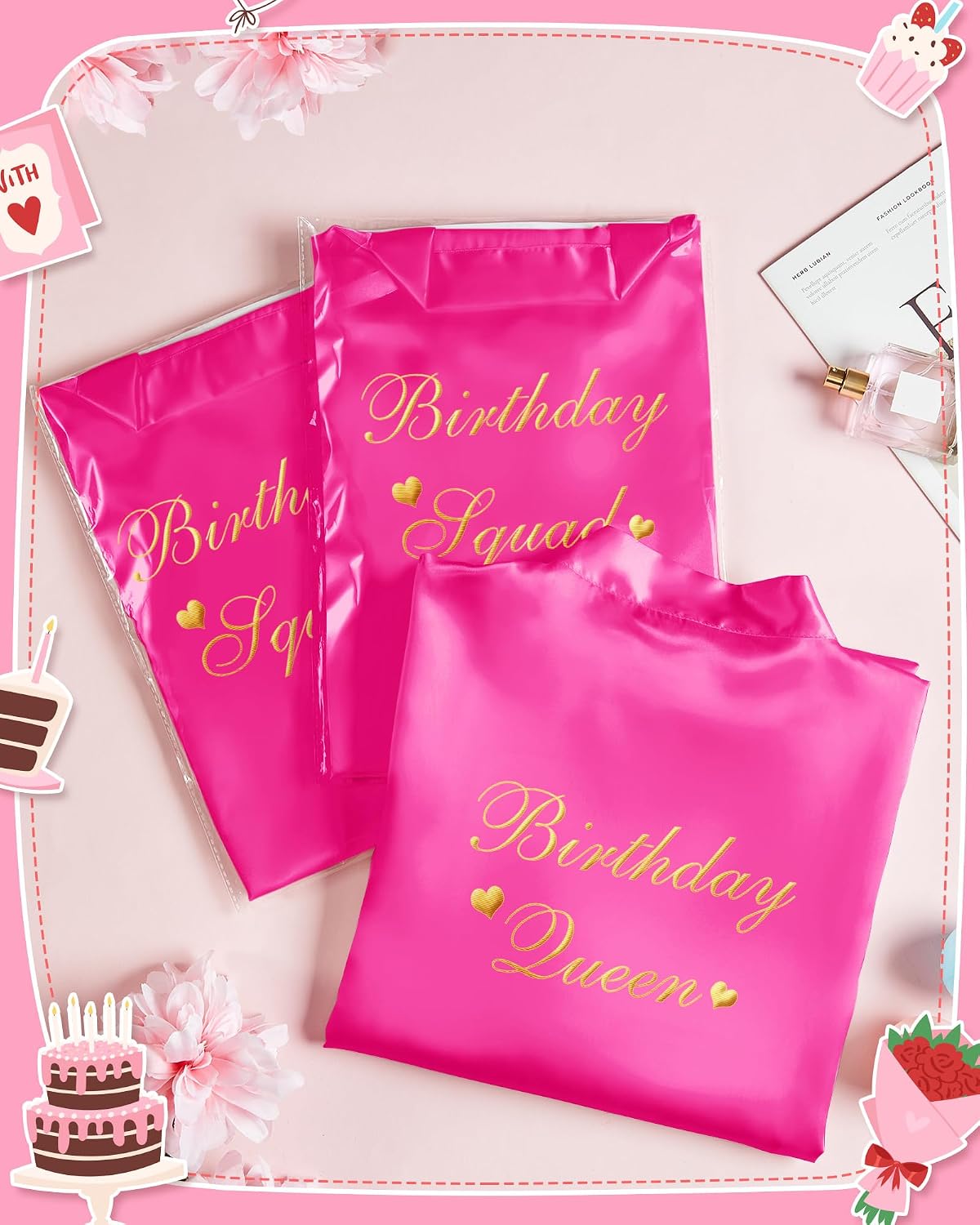 Hicarer 12 Pcs Women's Birthday Party Robes Gold Glitter Queen Squad Kimono Silky Nightgown Satin Bathrobes Dressing Gown