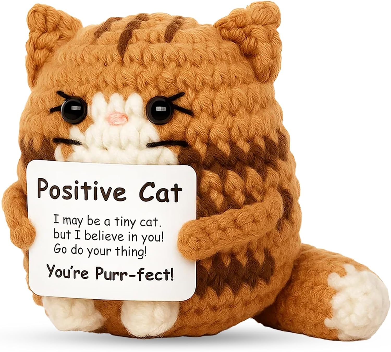 Positive Crochet Animals, 7.5 * 6 Cm Emotional Support Crochet Cat, Positive Cat Crochet Animals Handmade Brown Cat for Stress Relief, Desk Decoration, Gift for Special Occasions