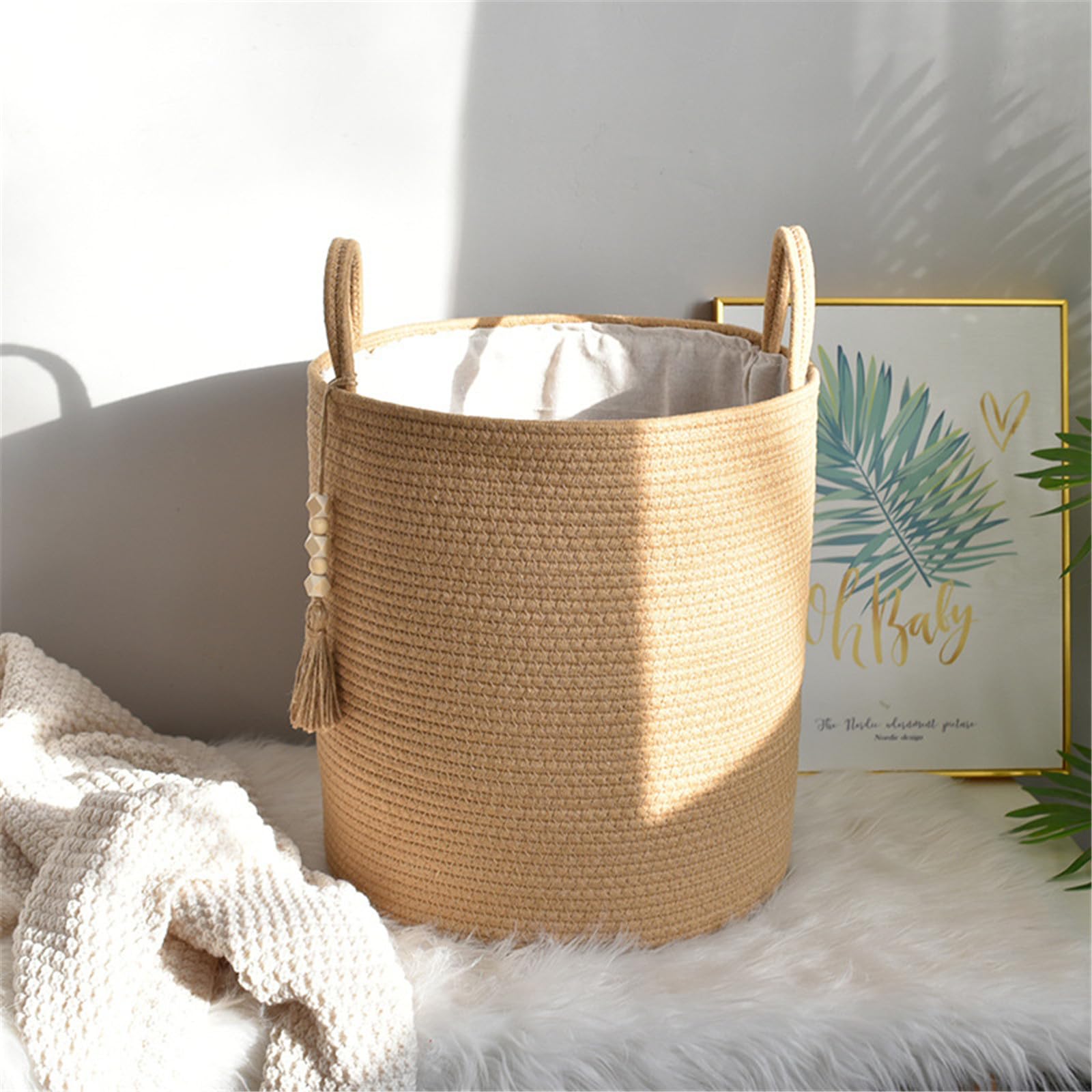 Cesto portabiancheria intrecciato grande in corda di cotone, 72 l, con manici in pelle, per coperte, vestiti, giocattoli, laundry Basket per cameretta