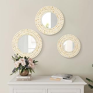 Boho Mirror Wall Decor for Living Room, 3PCS Natural Mother of Pearl Dec...