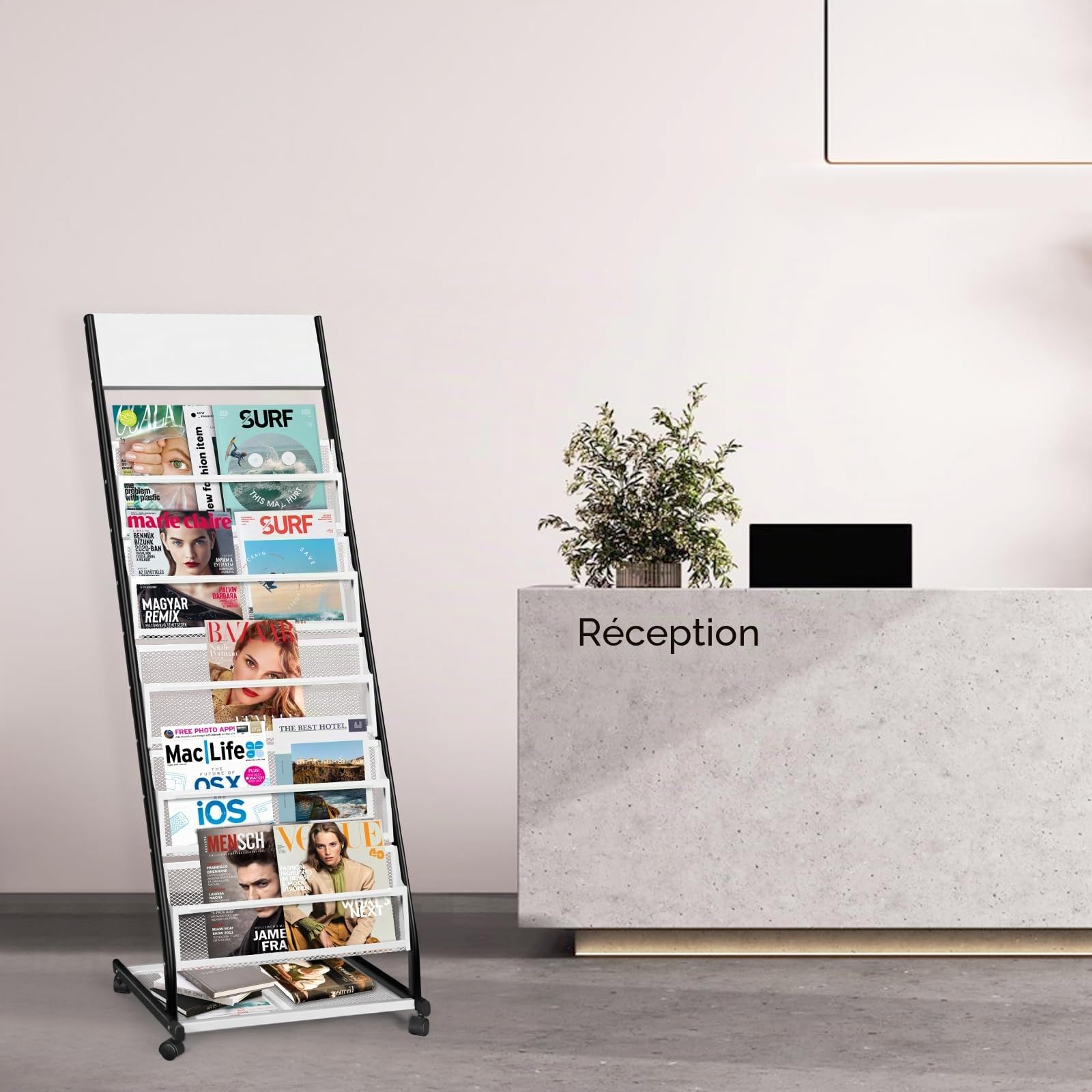 SUNDOY porte revues sur roulettes – revues sur pied et porte-catalogue – roulettes pour bureau, foires et maison (5 couches, 47,5 cm de large)