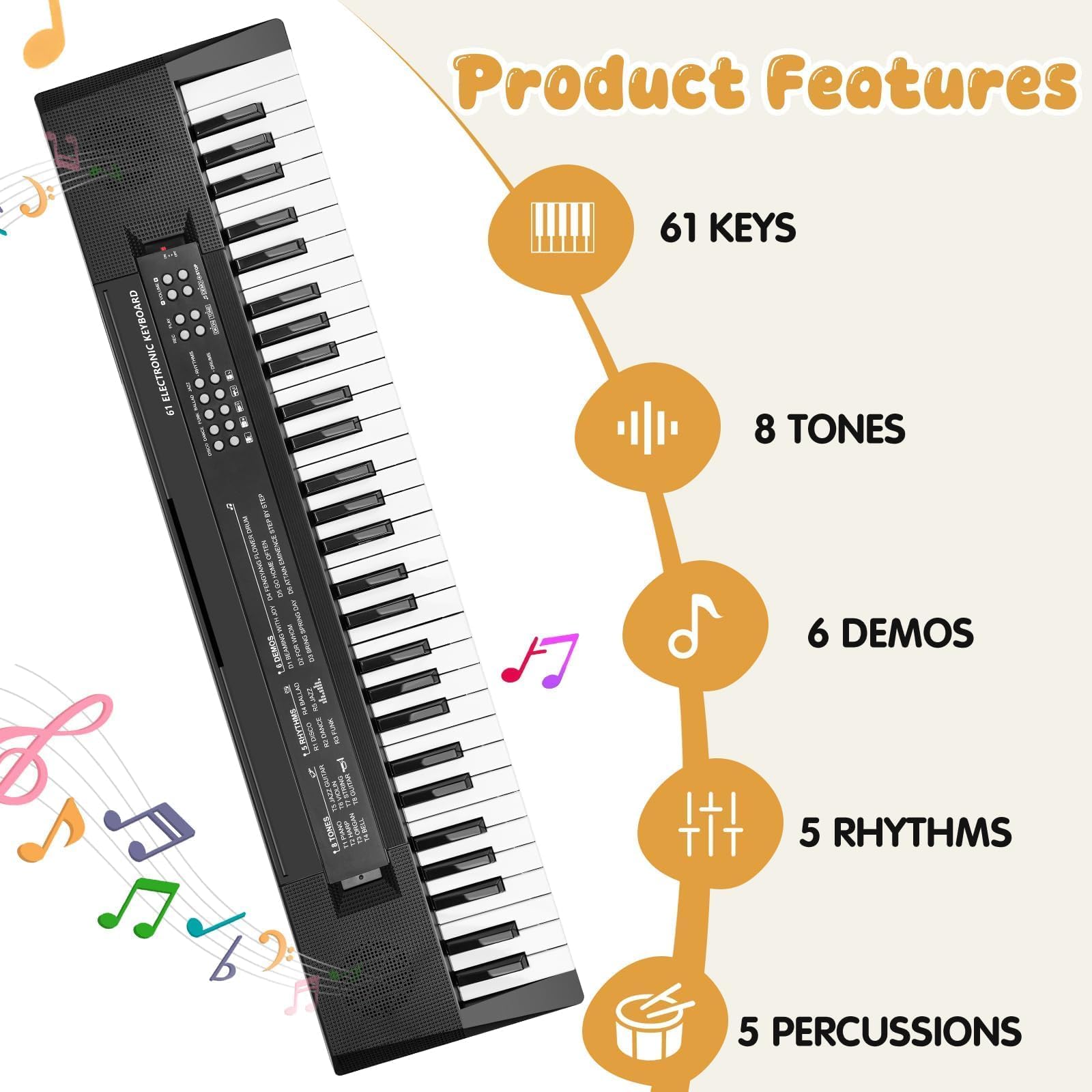 61 Teclas Piano Teclado Infantil con Micrófono - Juguetes Teclados Electrónicos para Edades Musical Regalos para Niños y Niñas de 3 4 5 6 7 Años, Negro