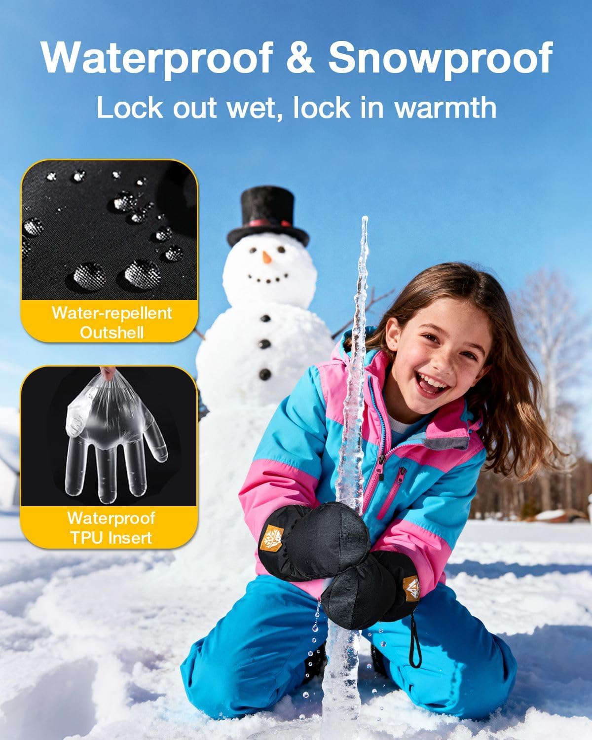 RIGWARL Waterproof Kids Snow Ski Mittens with Long Zipper Cuff, Warm Kid Ski Snow Gloves for Boys Girls with 3M Insulated - Image 4