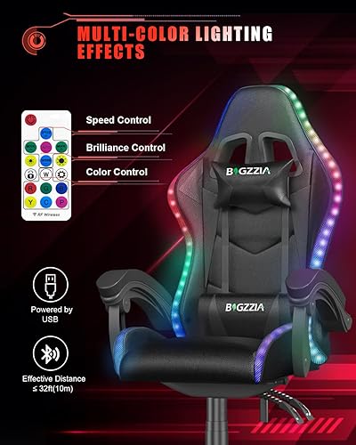 Miniatura 3 de Bigzzia Silla de Juegos con Luces LED RGB, Silla Ergonómica de Respaldo Alto para Computadora Gamer con Reposacabezas y Soporte Lumbar, Silla de