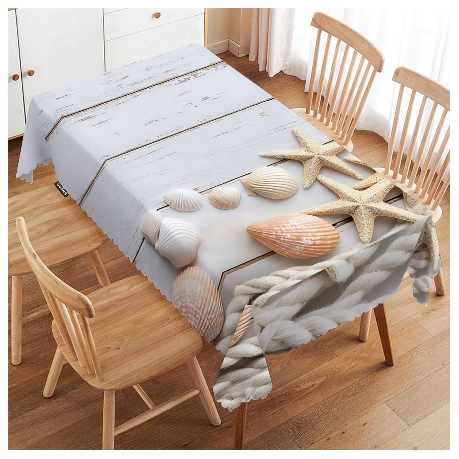 FJQWKLF Sea Shells Table Cloth Rustic Wood Seashell Starfish Marine Rope Rectangle Tablecloth Picnic Table Cover BBQ Table Cloth Polyester for Kitchen Home 50x72 Inch