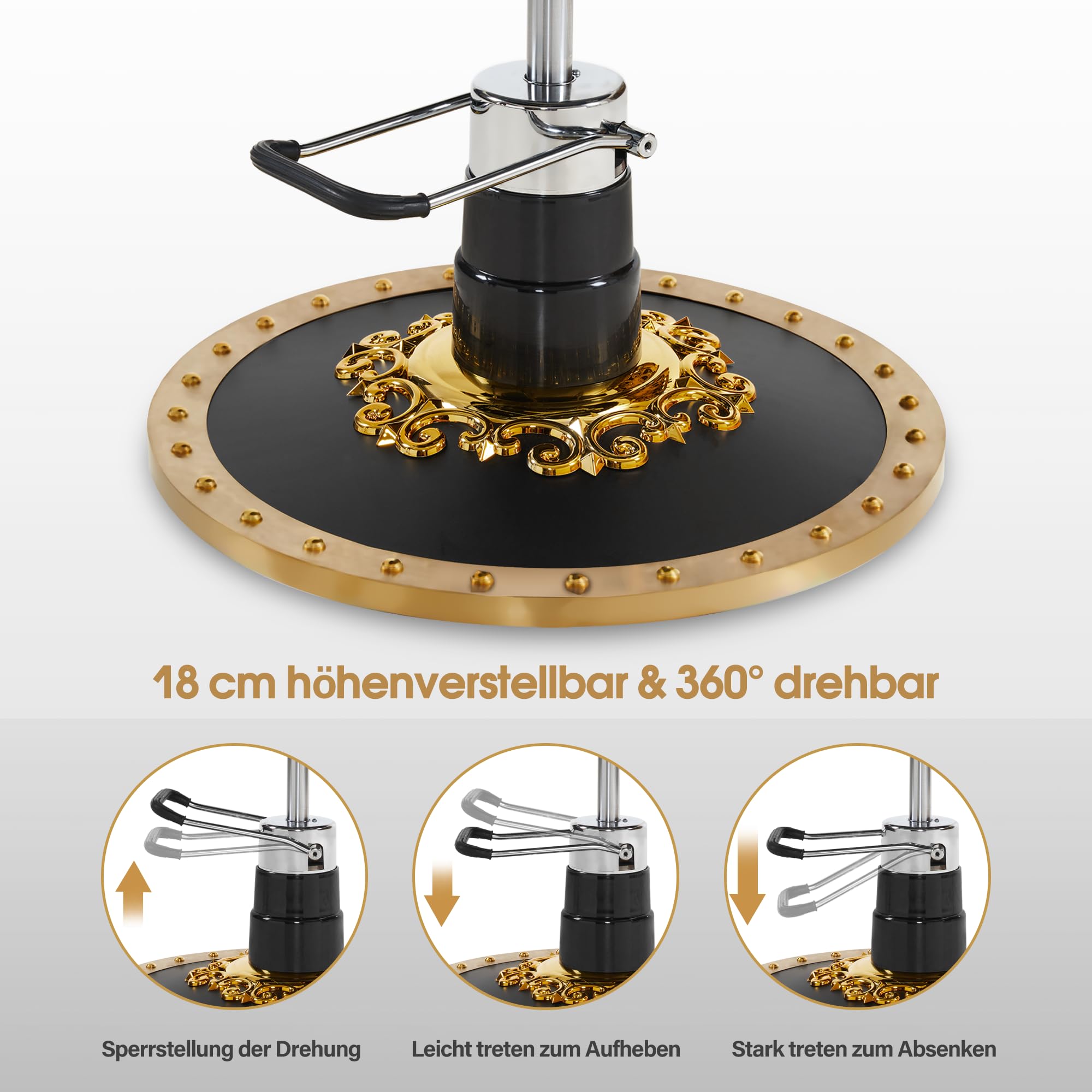 Barberpub Friseurstuhl mit Kopfstütze Kippbar, Barber Stuhl Retro Vintage, 360° Drehbar & Höhenverstellbar, Friseureinrichtung Hydraulisch, Kunstleder, 8688(Gold-Schwarz)