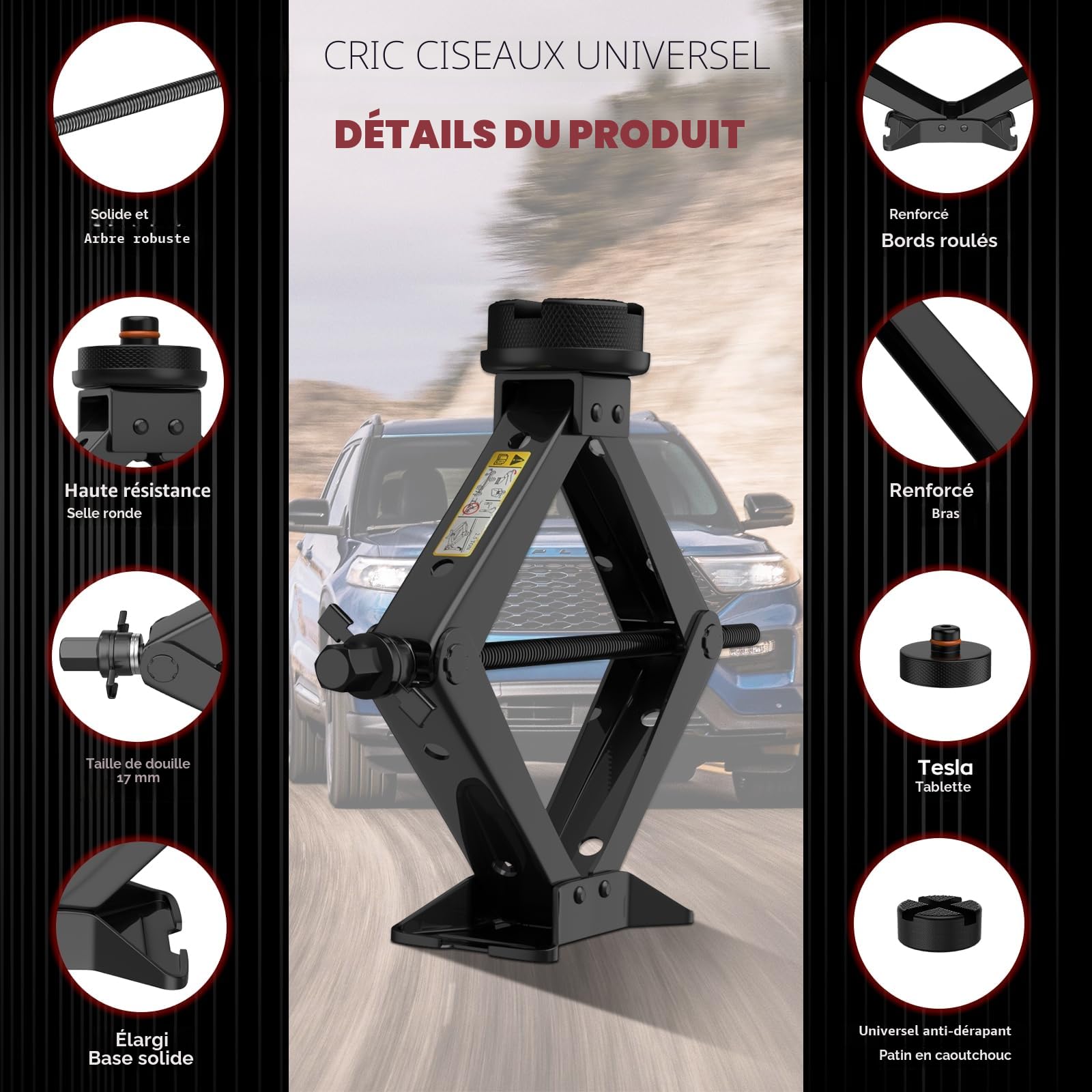 Cric Voiture 2.5T/2500kg IMAYCC Universel Crique Voiture avec 2 Tampon Caoutchouc, Portable Cric de Levage avec Clé pour Écrous de Roue, Set Urgence Automobile pour SUV MPV VoitureTesla