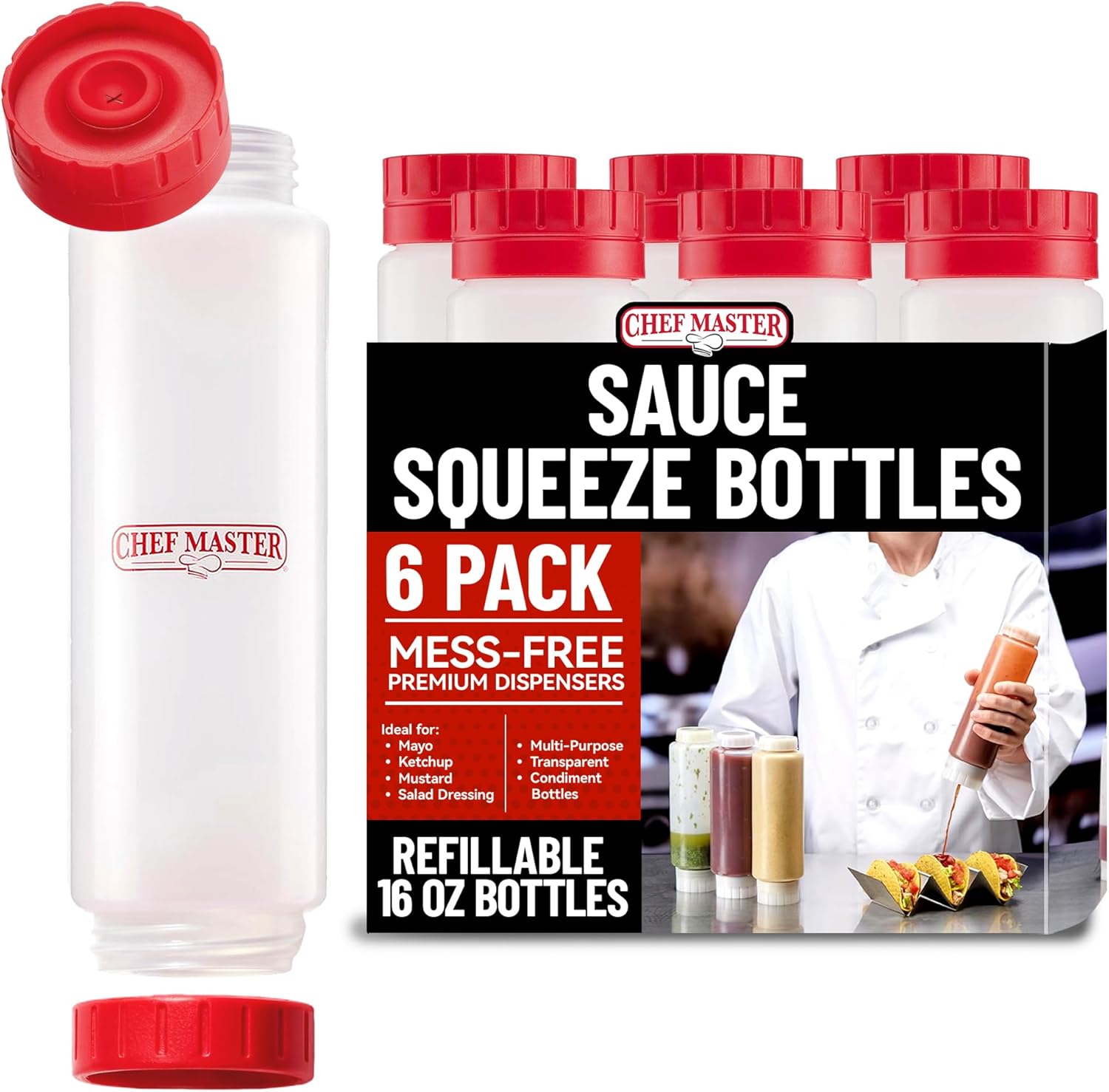 Chef Master 20 Oz. Squeeze Bottles for Sauces (6-Pack) - FIFO, Inverted - Condiment Squeeze Bottles for Liquids, Sauces, Batter & Dressing - Fill & Flip, Refillable - For Restaurants & Diners - 90291