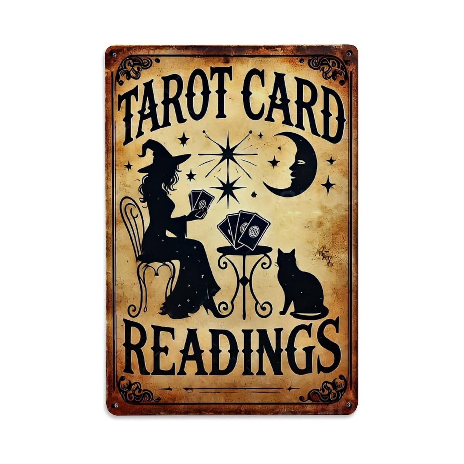 Tarot Card Readings Witch Cat Moon Stars Retro Metal Tin Sign, Vintage Decor Art Poster for Bar, Home, Man Cave, Kitchen, Laundry Room Gift 8x12Inch