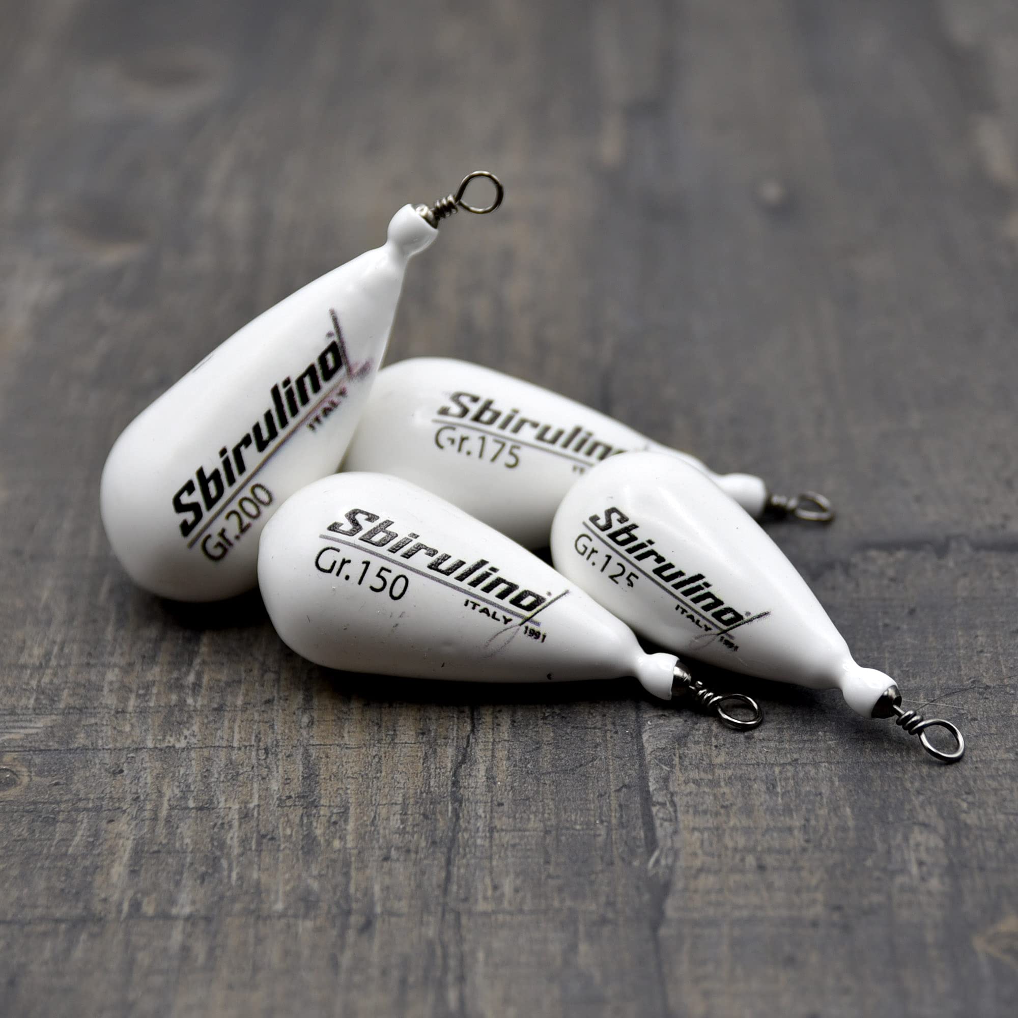 Sbirulino® Set de 4 piezas de lastres de pesca en forma de pera plastificados blancos con vértebra