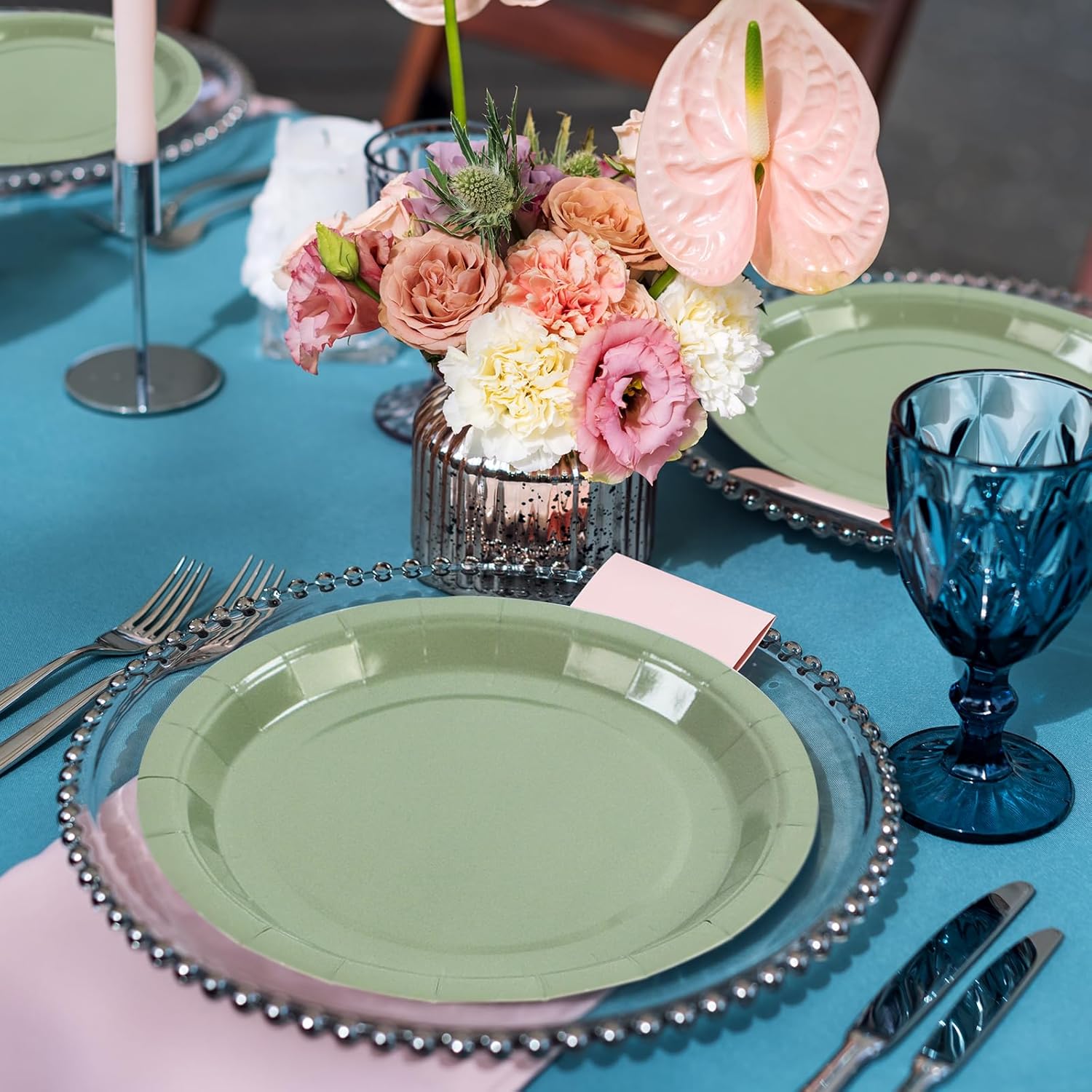 50PCS Sage Green Paper Plates - 7Inch Green Dessert Plate for Cake Salad Pizza Disposable Decoration Supplies for Anniversaries Graduation Birthday Wedding Party - Image 3