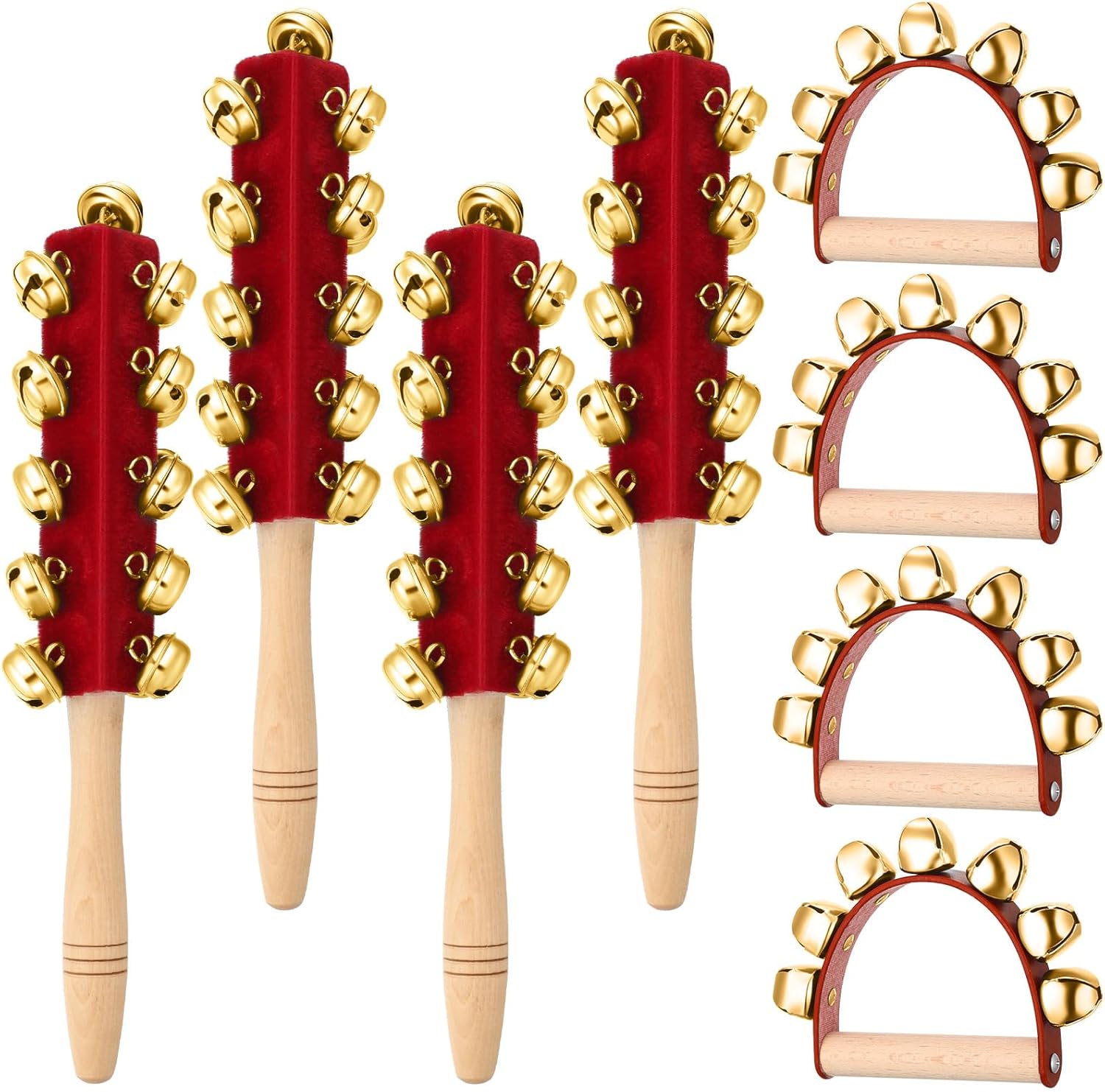 Cindeer 8 Pieces Christmas Hand Jingle Bells Handheld Sleigh Wooden Handle Bells Rattles Musical Rhythm Percussion Instruments for Holiday Christmas Party Favors(Red and Gold)