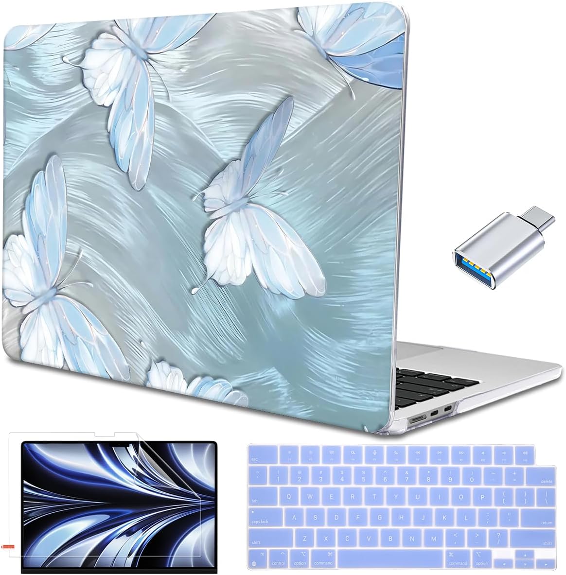 Case Compatible with MacBook Air 15 inch M5 2026 2025-2023 Release M4 M3 M2 Model A3448 A3241 A3114 A2941, Plastic Hard Shell Case & Keyboard Cover & Screen Protector, Tin Foil Butterfly