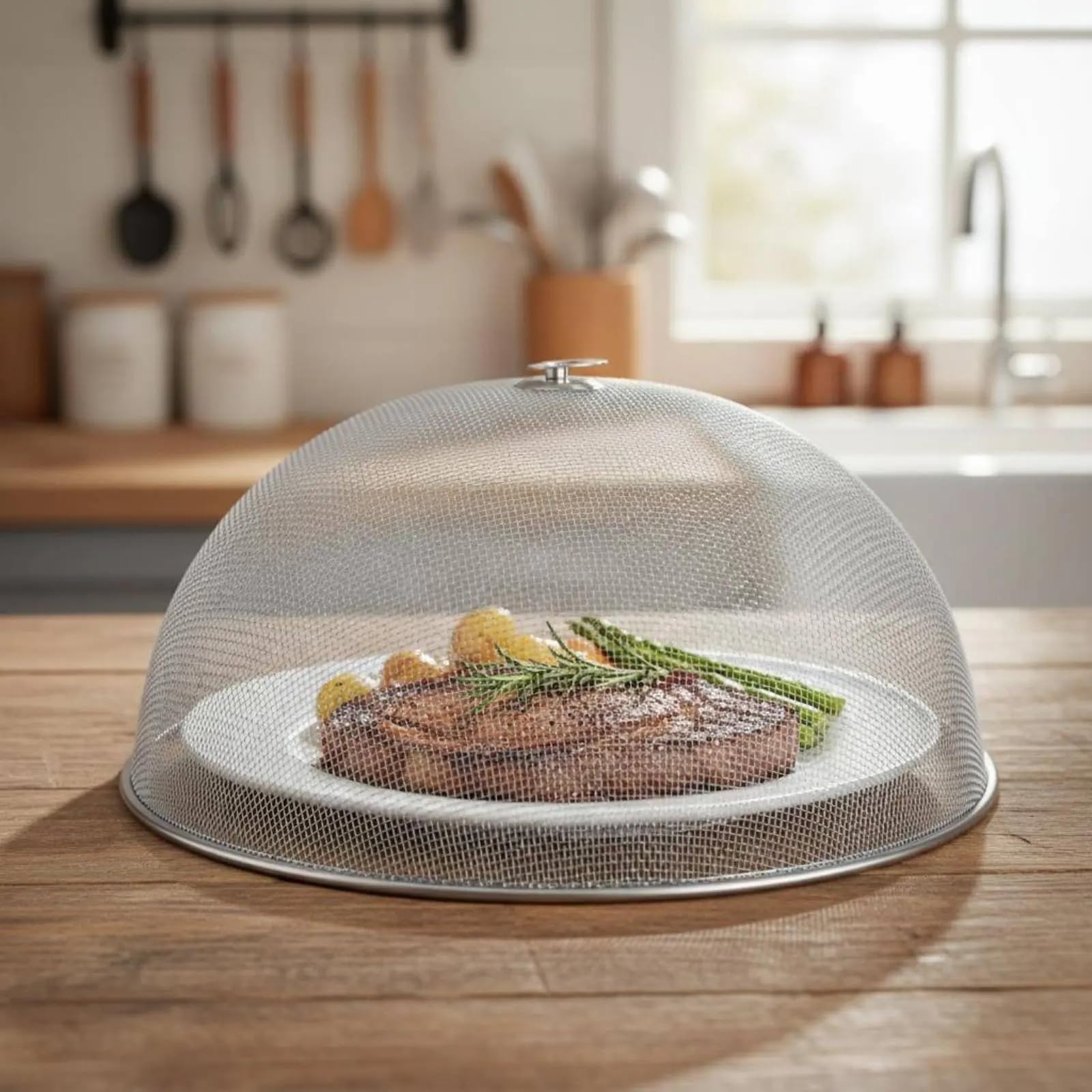 Coperture per alimenti a rete metallica Copertura for alimenti in rete di acciaio inossidabile rotonda for tavolo da pranzo for cibo in con maniglia a cupola Design leggero for buffet | 35CM
