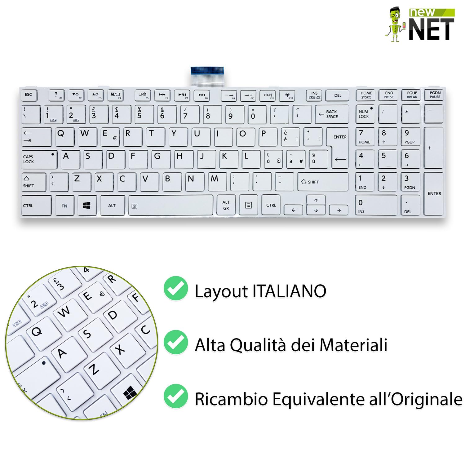 new net - Tastiera Compatibile con Notebook Toshiba Satellite C855, C875, L855, L858, L862, L875, P855, P858, P862 [Frame Bianco - Layout ITA]