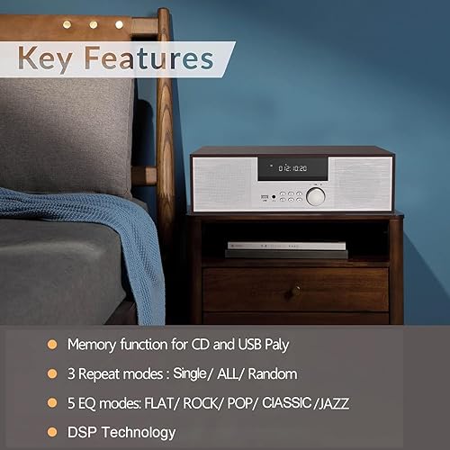 Miniatura 5 de LONPOO Stereo Shelf System for Home, Vintage CD Player 40W RMS Micro Mini System with Remote Control, Bluetooth, FM Radio, USB MP3 Playback &