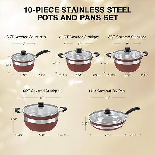 Miniatura 2 de VBGK Juego de ollas y sartenes de acero inoxidable de 10 piezas, juego de utensilios de cocina de inducción de cocina no tóxicos, juego de cocina