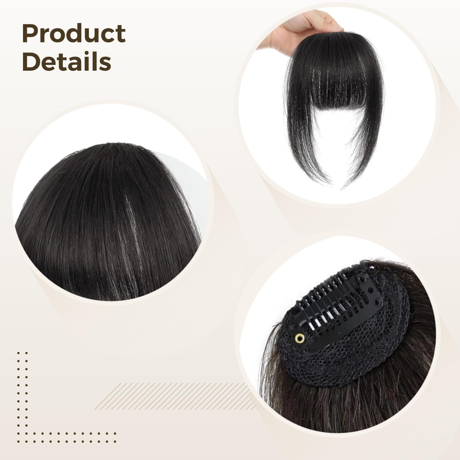 Clip-in-Haarteil mit Pony, Echthaar, Dunkelbraun Schwarz, 25 cm Pony für Damen, inklusive Lockenwickler, unsichtbare Integration, natürlicher Look