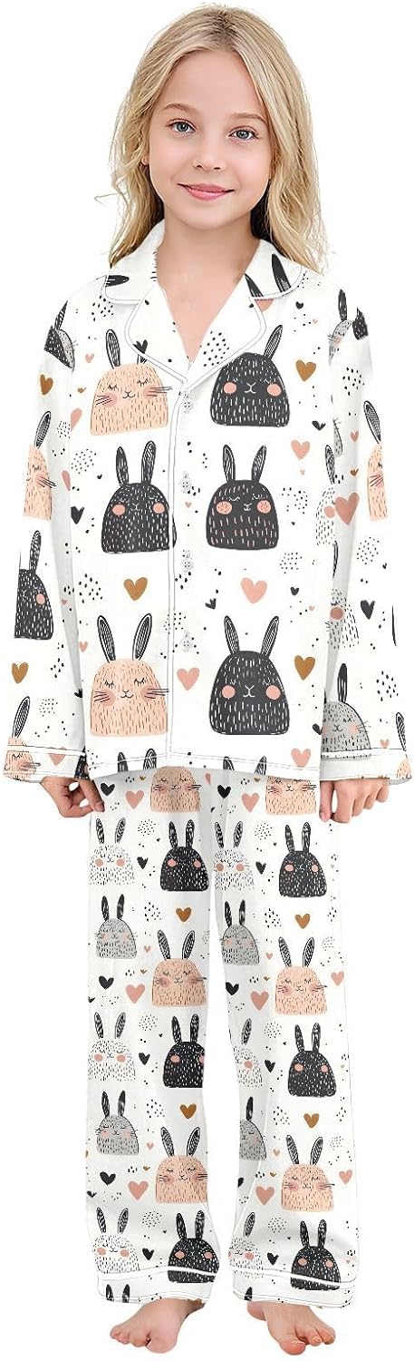 senya Rabbit Black Heart 22 Satin Pajama Sets Long Sleeves Nightwear Button Down Sleepwear