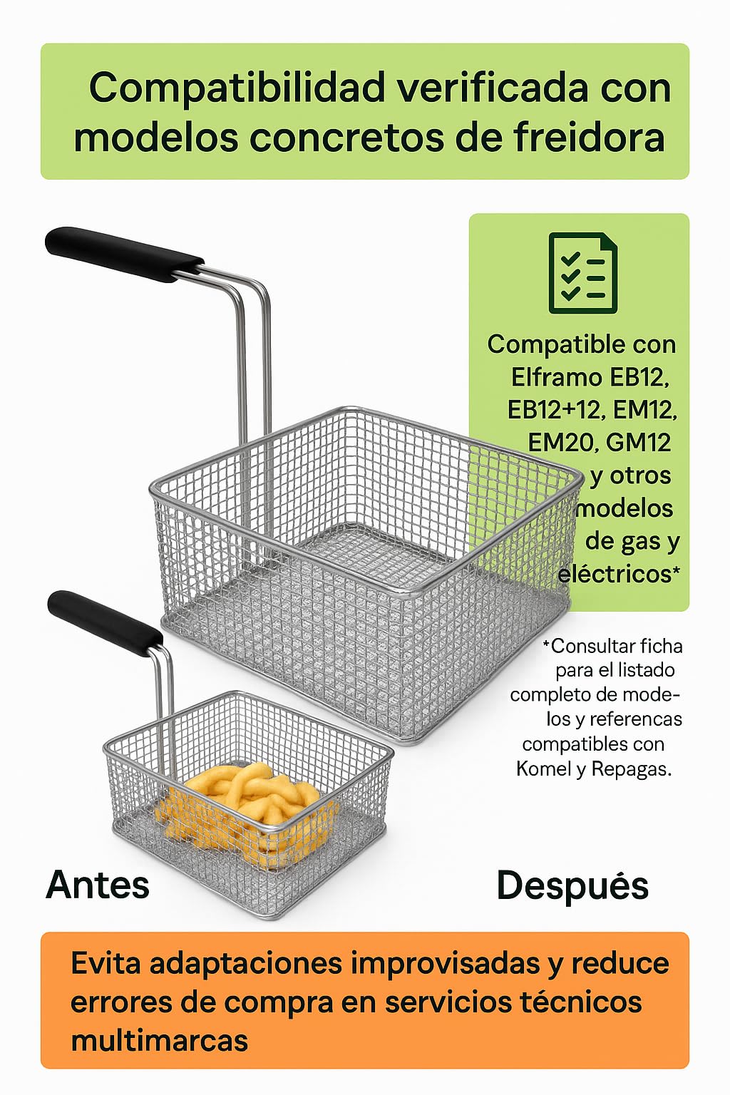 CubetasGastronorm ® Cesta Freidora 235x290x120 Mm Acero Cromado Mango Aislante Repuesto Industrial compatible con Elframo Gas Electrica Hosteleria Cocina Profesional Taller Reparacion y Hogar Pro
