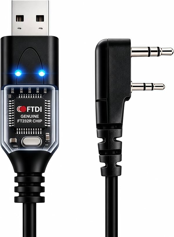 Cable de programación USB FTDI de 5 pies para Baofeng UV5R UV82 BF-F8HP | Chip FT232RL con indicador LED doble, cable plug and play de 11mm K1 de 2 pines, compatible con CHIRP para Windows Mac Linux