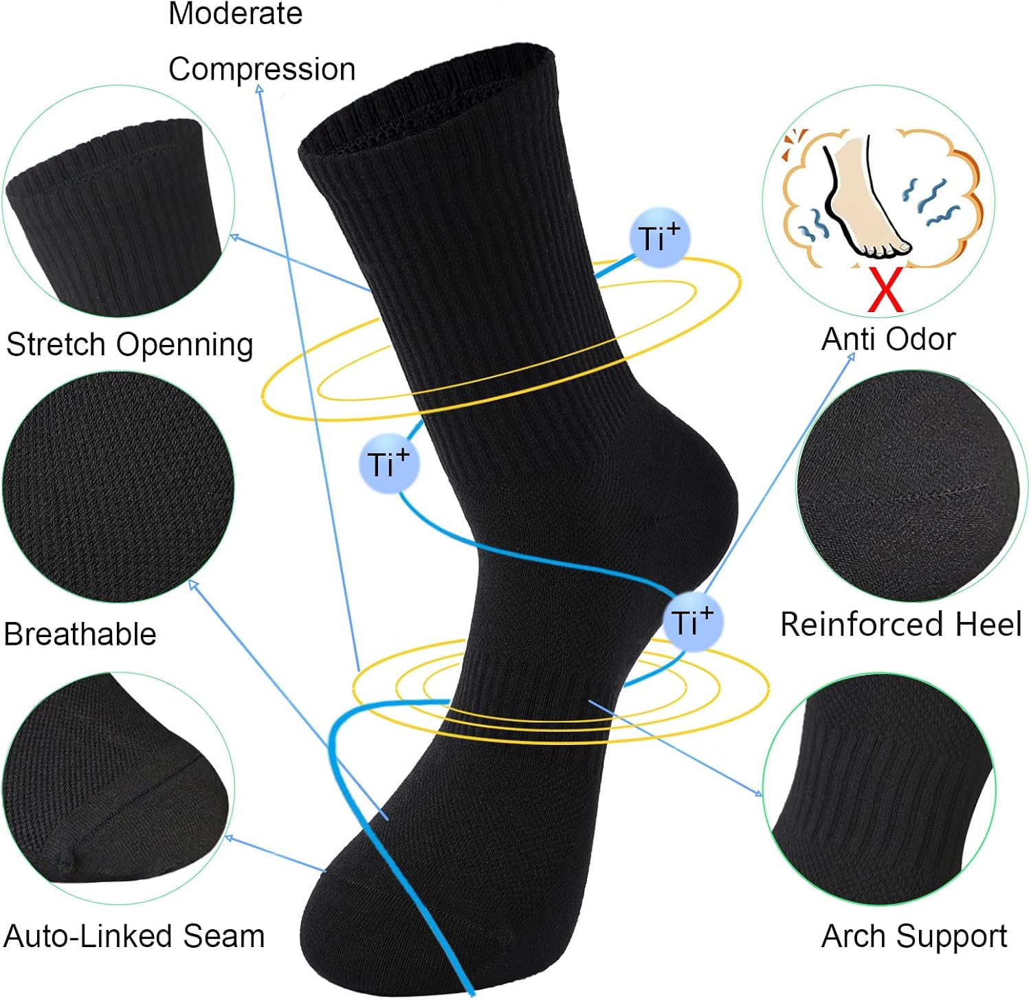 Men Anti Odor Moisture Wicking Seamless Breathable Crew Dress Running Socks