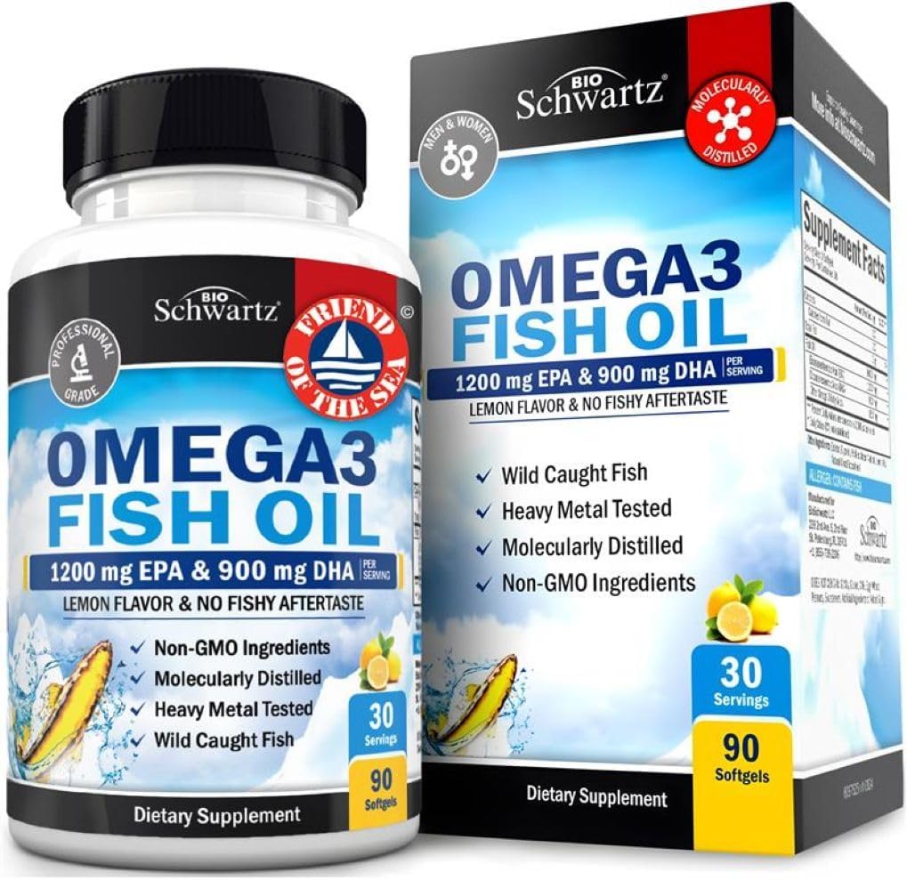 BioSchwartz Fish Oil Omega 3 EPA & DHA 2250 mg - Burpless Lemon Flavor Triple Strength Supplement with Fatty Acids from Wild Icelandic Fish - Supports Joint, Eyes & Skin Health - Non GMO - 90 Softgels