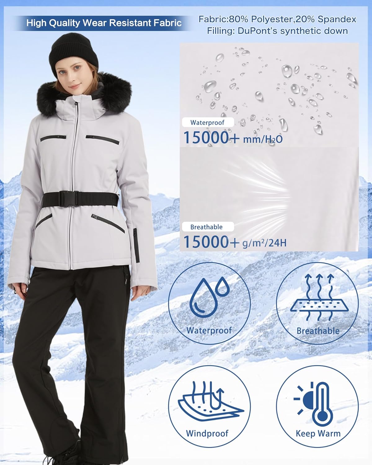 BGX Women's Ski Jacket Snowboard Warm Winter Short Slim Fit Snow Coat Mountain Windproof Waterproof with Hooded - Image 4