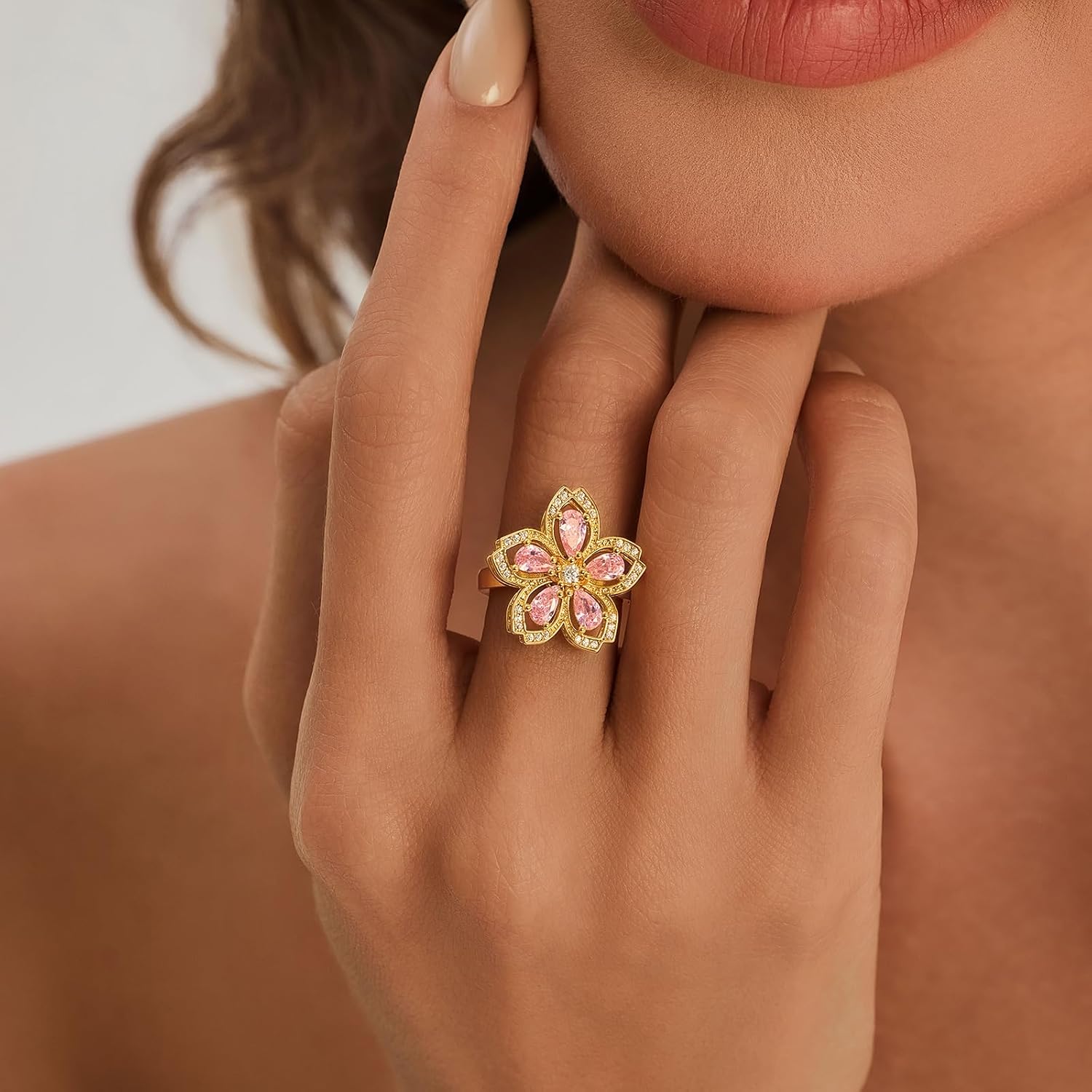 Cicy Bell Fidget Rings for Women 18K Gold Plated Rotatable Cherry Blossom Sparkly Cubic Zirconia Statement Finger Band Engagement Open Adjustable Ring Jewelry