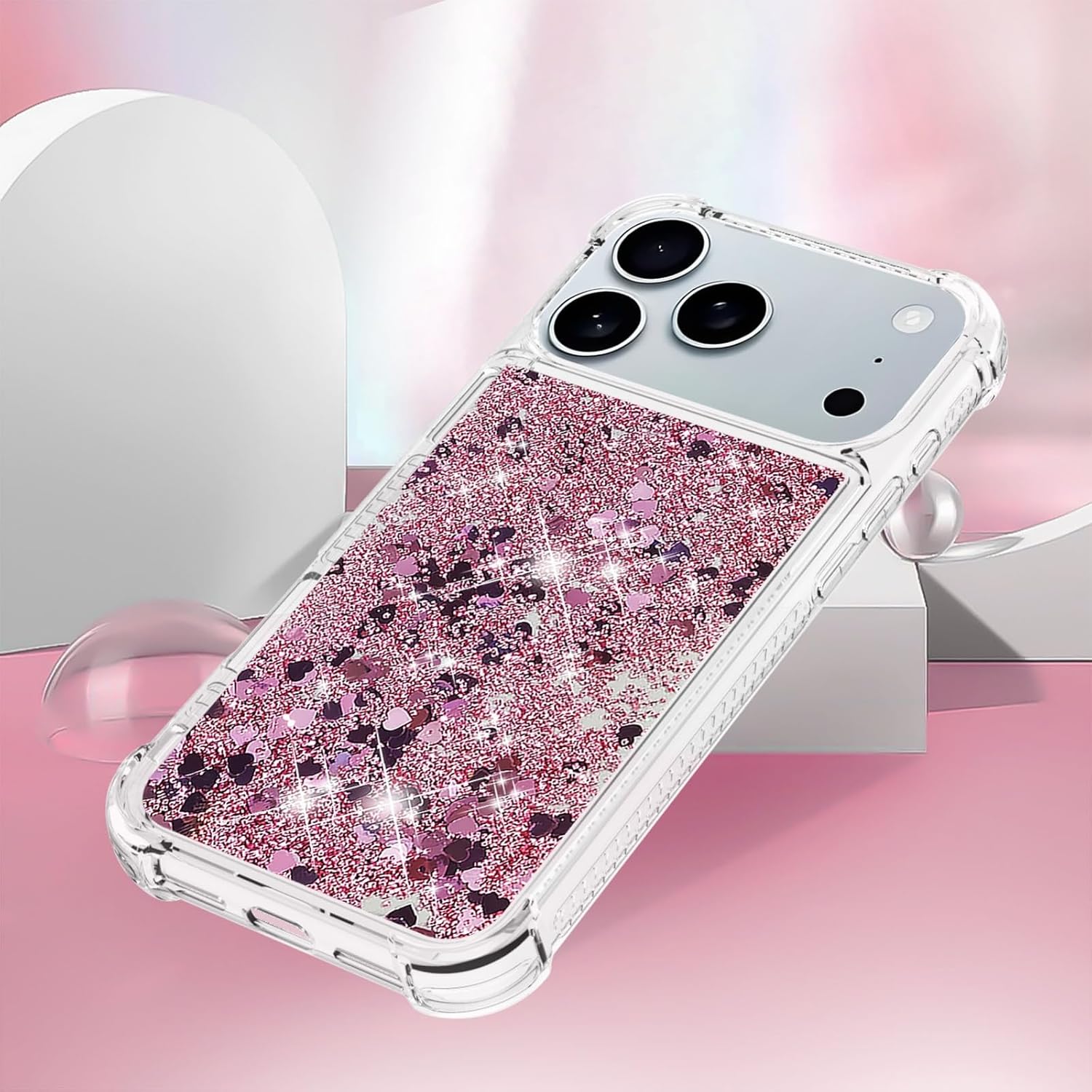 Bling Glitter Case for Apple 17 Pro, Soft TPU Sparkly Flowing Liquid Floating Clear Case for Women Girls Cover for iPhone 17 Pro.Liquid Rose Gold - Image 5