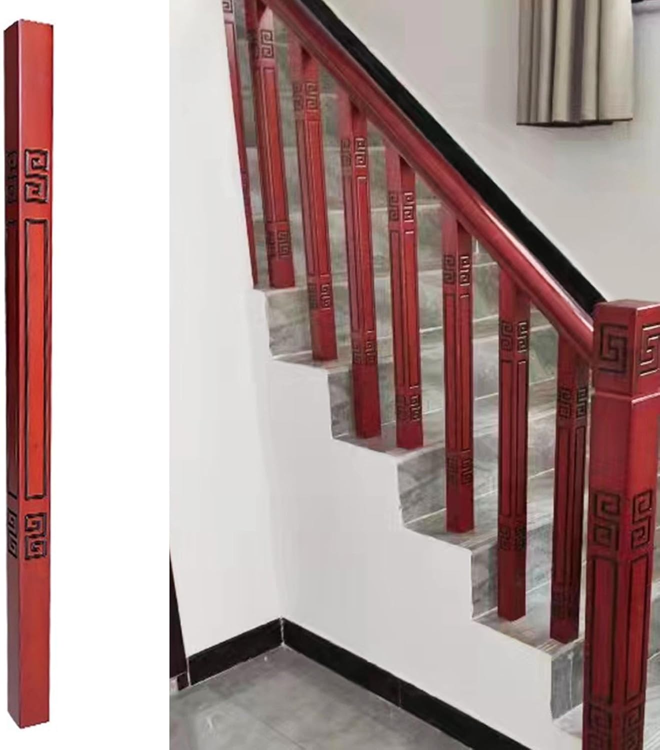 Vintage Red Balusters for Indoor Stairs, 4.8cm Square Stair Spindles Bundles Replacement, Solid Wood Stair Railings Handrail for Villa Staircase Hallway Deck(1pc)