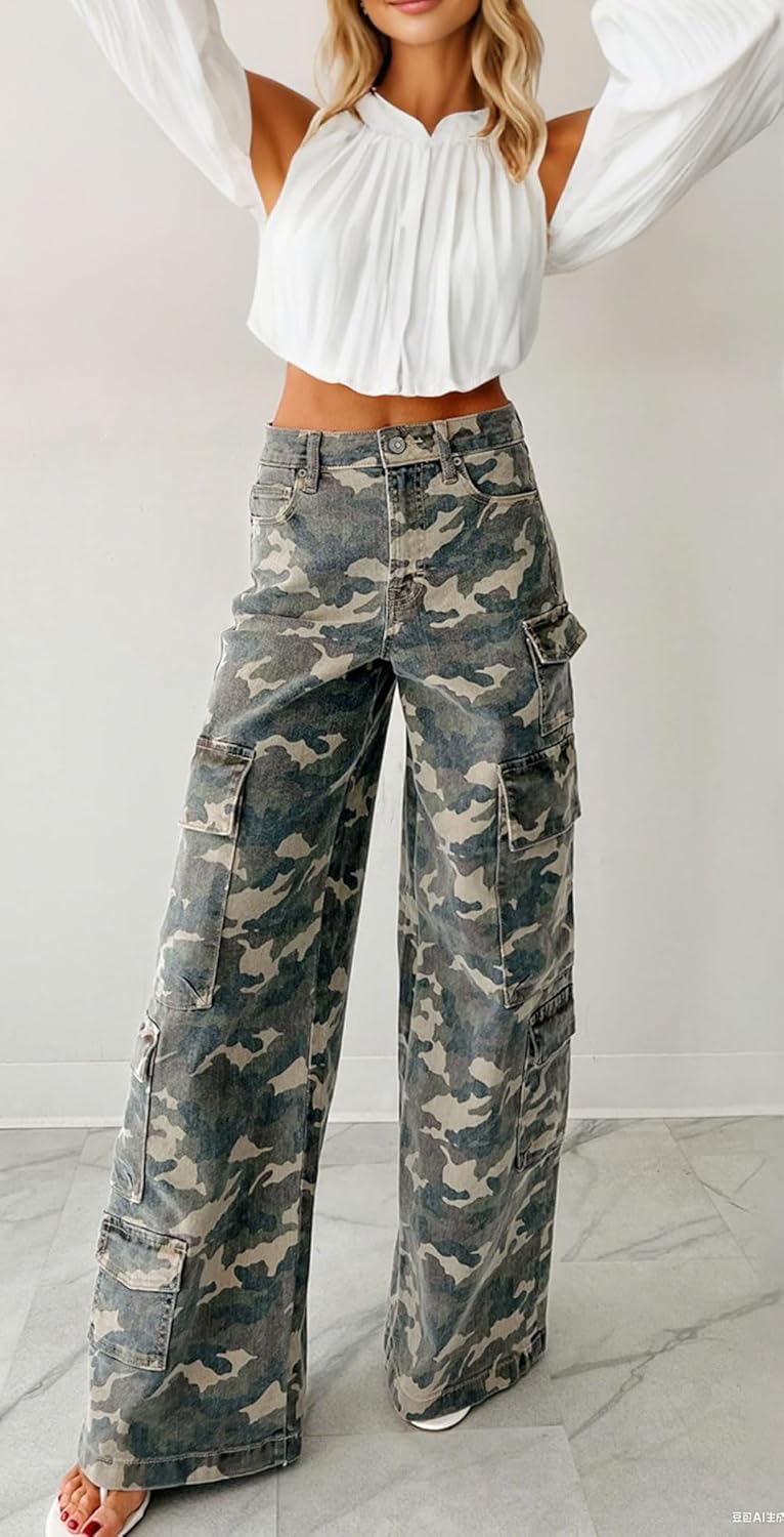 Women’s Camo Cargo Jeans High Waisted Low Stretch Wide Leg Denim Pants with Multi Pockets Casual Streetwear
