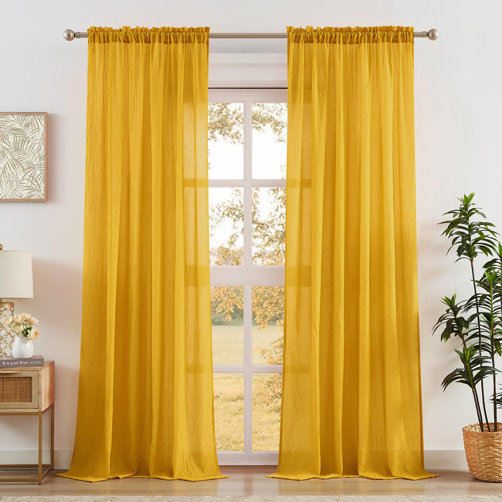 Anpark Elegant Gold Sheer Curtains 54 Inch Length for Bedroom, Cotton Textured Light Filtering Yellow Linen Sheer Curtains Natural Voile Window Drapes Rod Pocket, W52 x L54 in, 2 Panels โ image 1